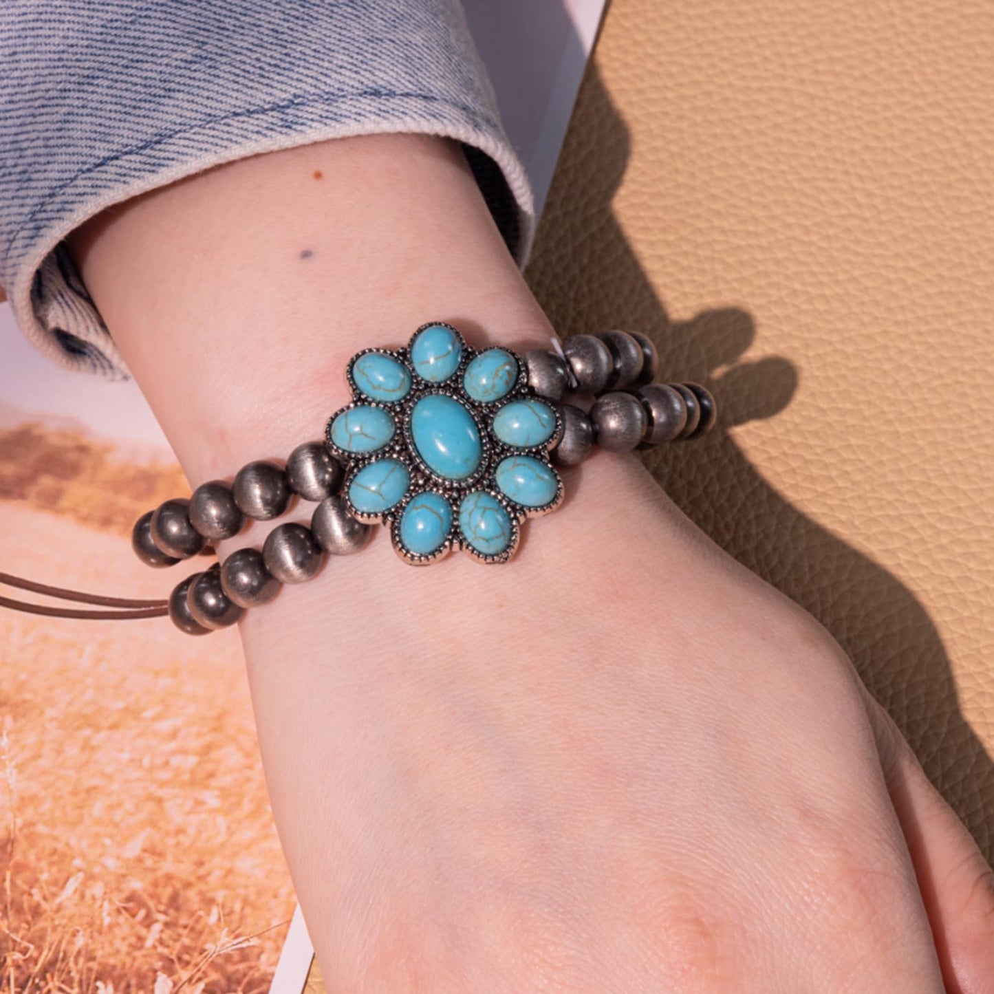 Montana West Rustic Couture's Jewelry Western Navajo Beaded Turquoise Cuff Bangle Bracelets Bohemian Vintage Elastic Bracelet for Women Cowgirl RCW-WH05TQ