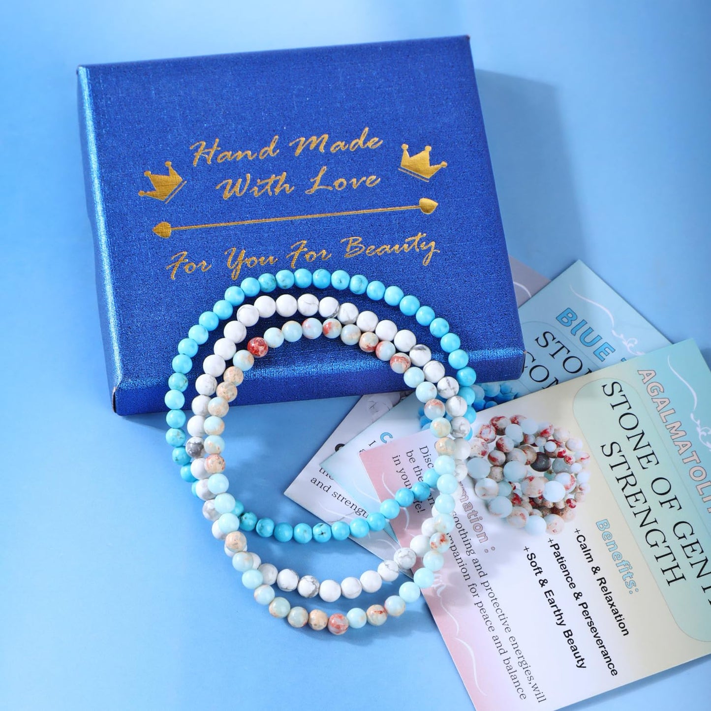 CMBYN 3-Pieces 4mm Natural Crystal Gemstone – ﻿Agalmatolite Jasper, Blue Turquoise, Howlite Handmade Reiki Energy Healing Stretch Bracelets Jewelry for Yoga, Meditation, Unisex