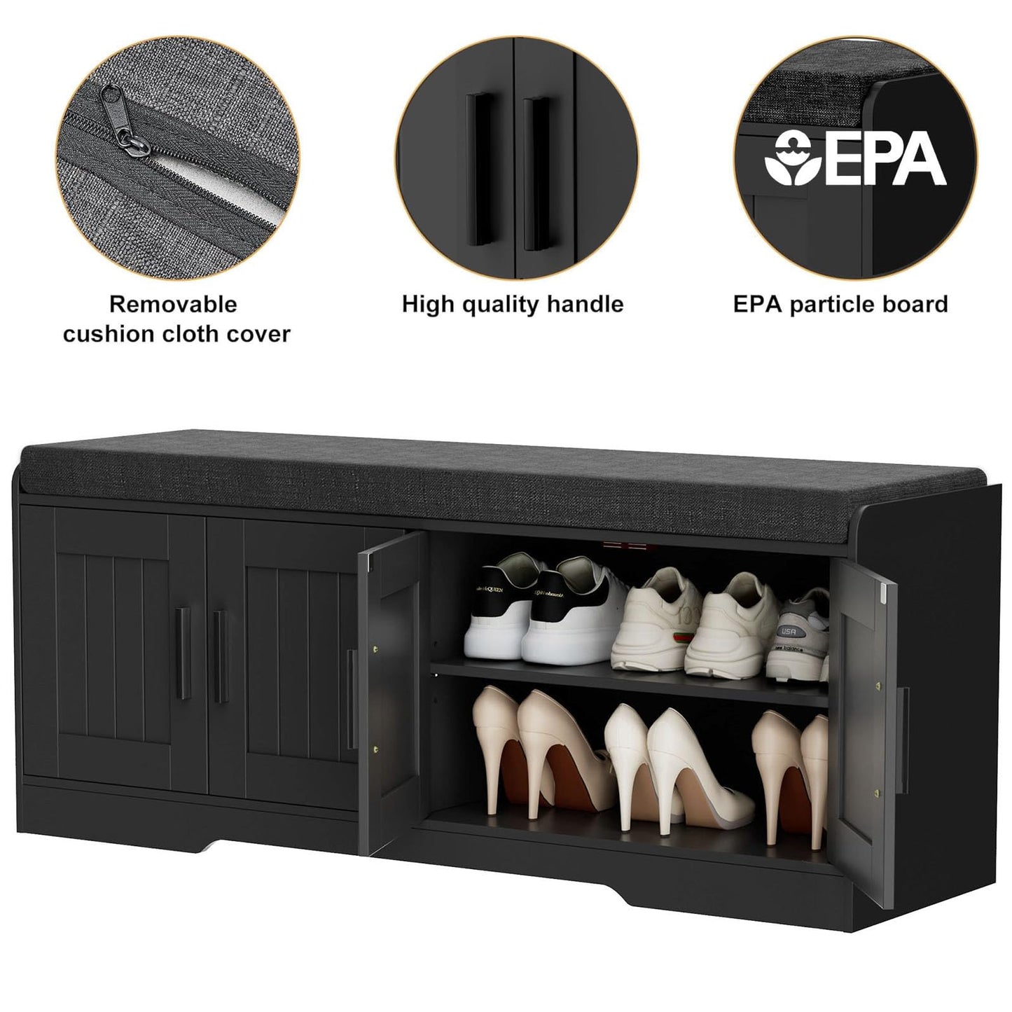 Homleke 2-Tier Storage Bench, Shoe Bench with Thickened Padded Seat Cushion, Entryway Bench with 4 Doors, Adjustable Shelf, 13.8" D x 45.3" W x 18.5" H, for Entryway, Living Room, Bedroom, Black