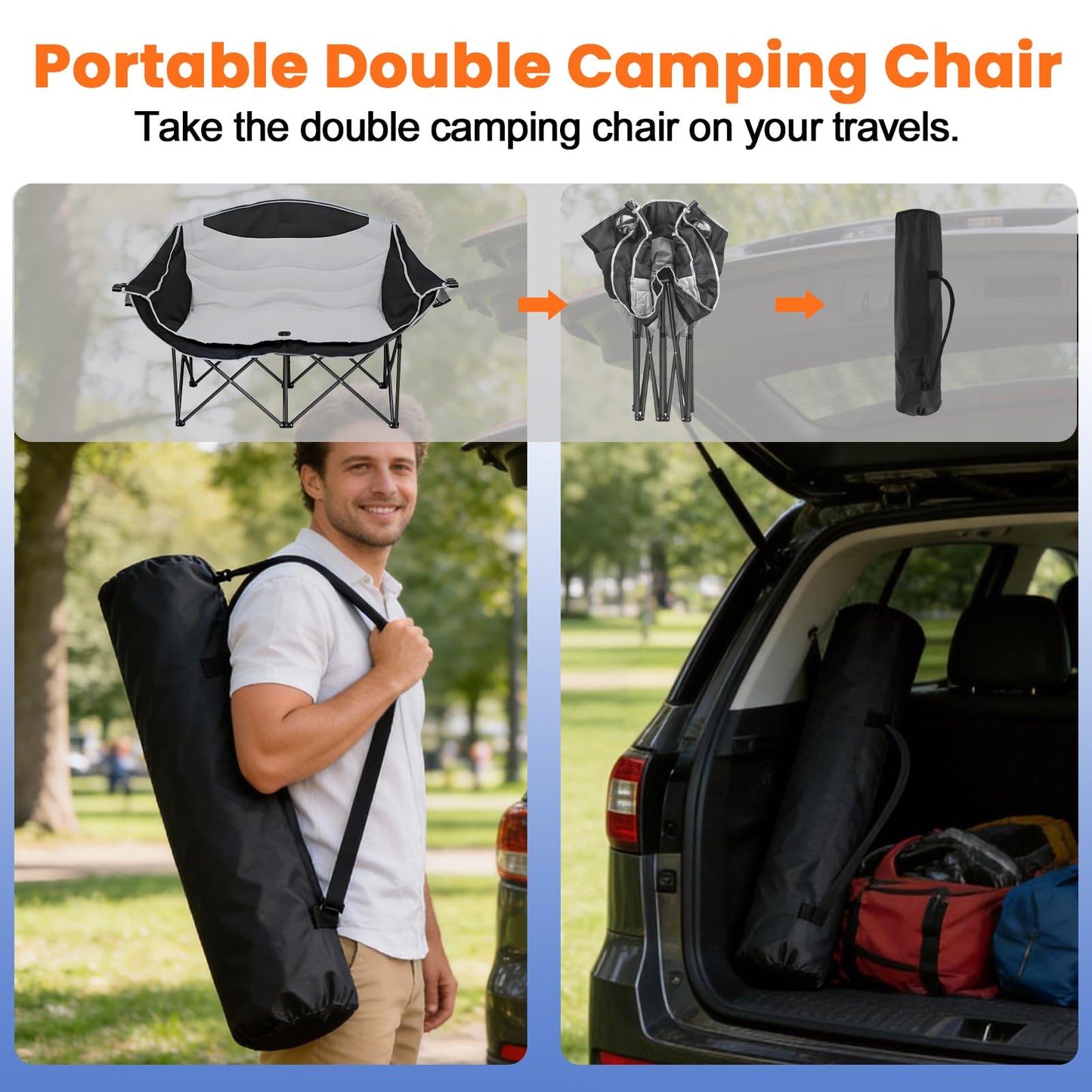 OTIATrail Double Camping Chair Loveseat with Cup Holders, 2 Person Folding Outdoor Chair, 550lbs Heavy Duty, 600D Oxford Fabric Padded 2 Seat, Portable Camping Couch for Camp/Lawns/Sports Grey