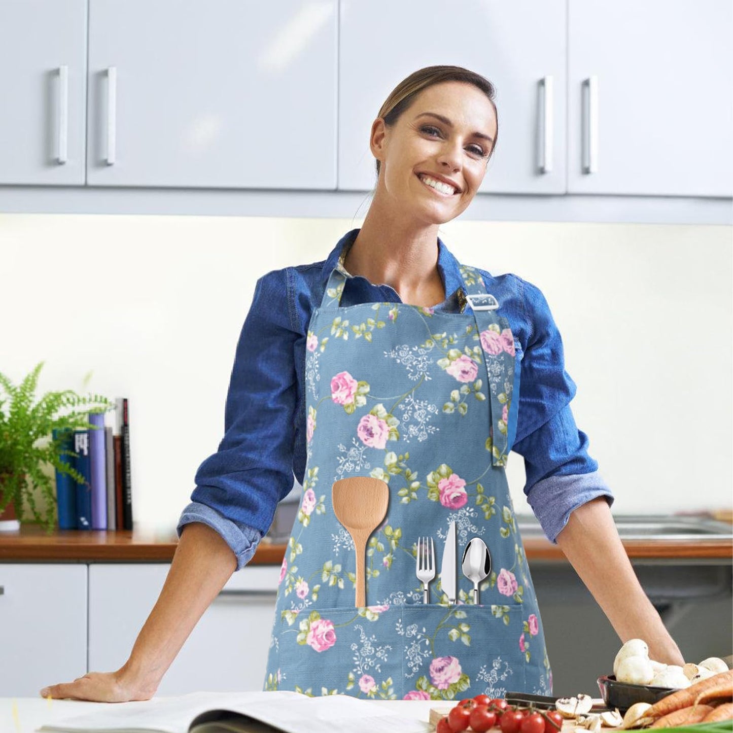 DILLMAN Aprons for Women with Pockets Cotton Linen Cooking Kitchen Baking Soft Durable Floral Gardening Apron (Blue)