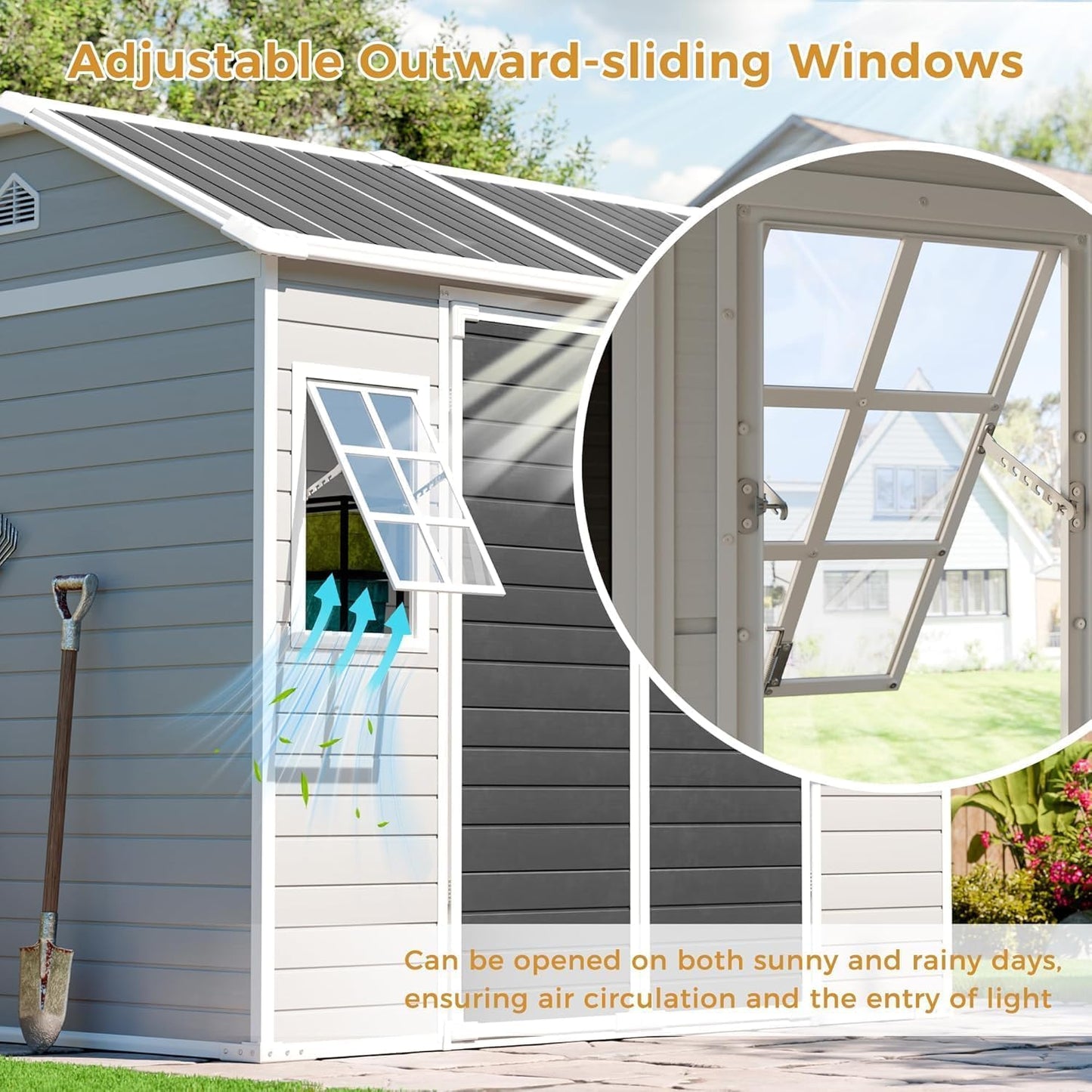 Restland 8x6 FT Resin Storage Shed with Floor & Adjustable Windows Large Outdoor Shed Waterproof Plastic Garden Sheds for Patio, Backyard, Lawn