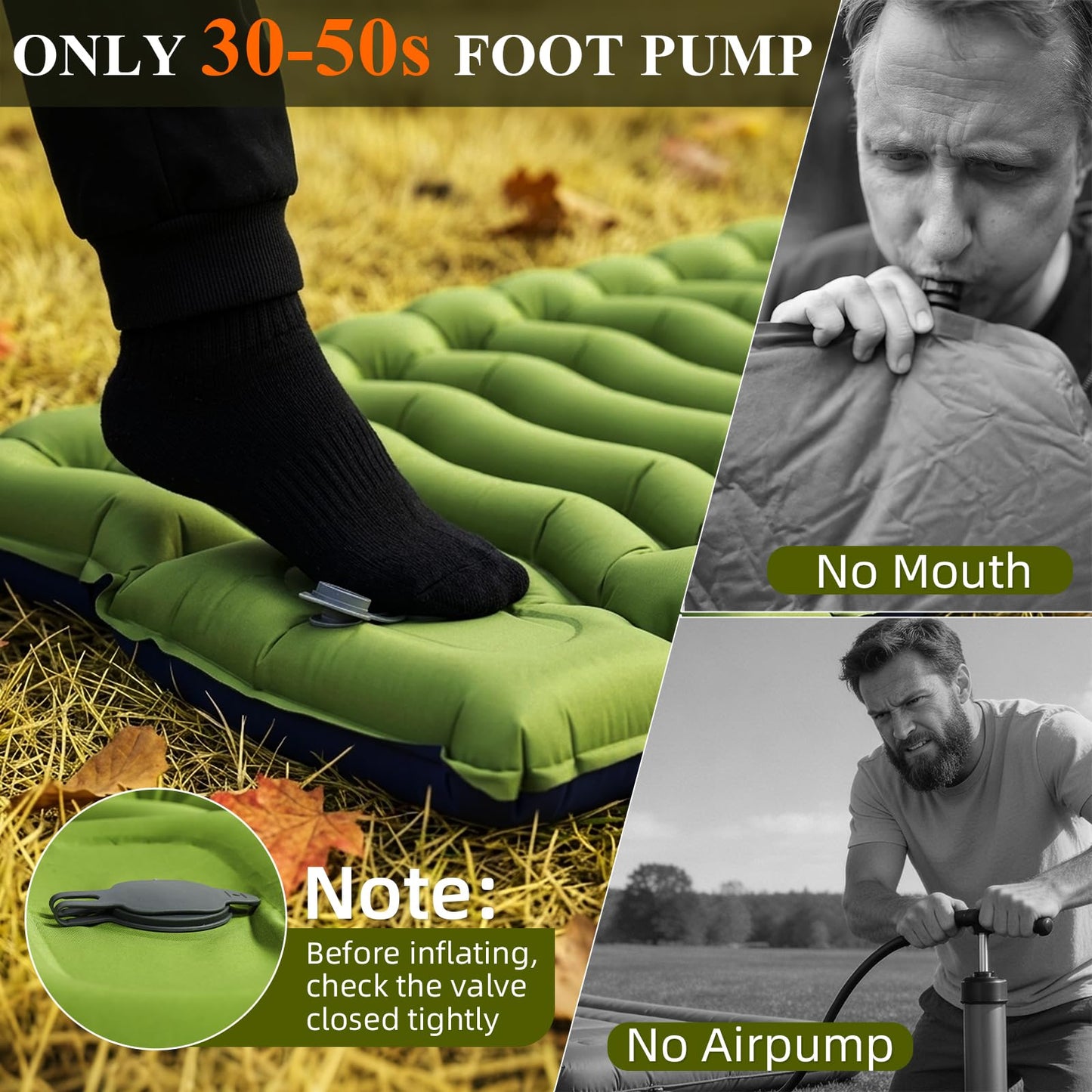 Jnconser Camping Sleeping Pad, Ultralight Inflatable Sleeping Mat with Pillow & Foot Pump, Extra Thick Compact Camping Mattress for Hiking, Backpacking & Tent Use, Dual-Colored Design(Green/Blue)