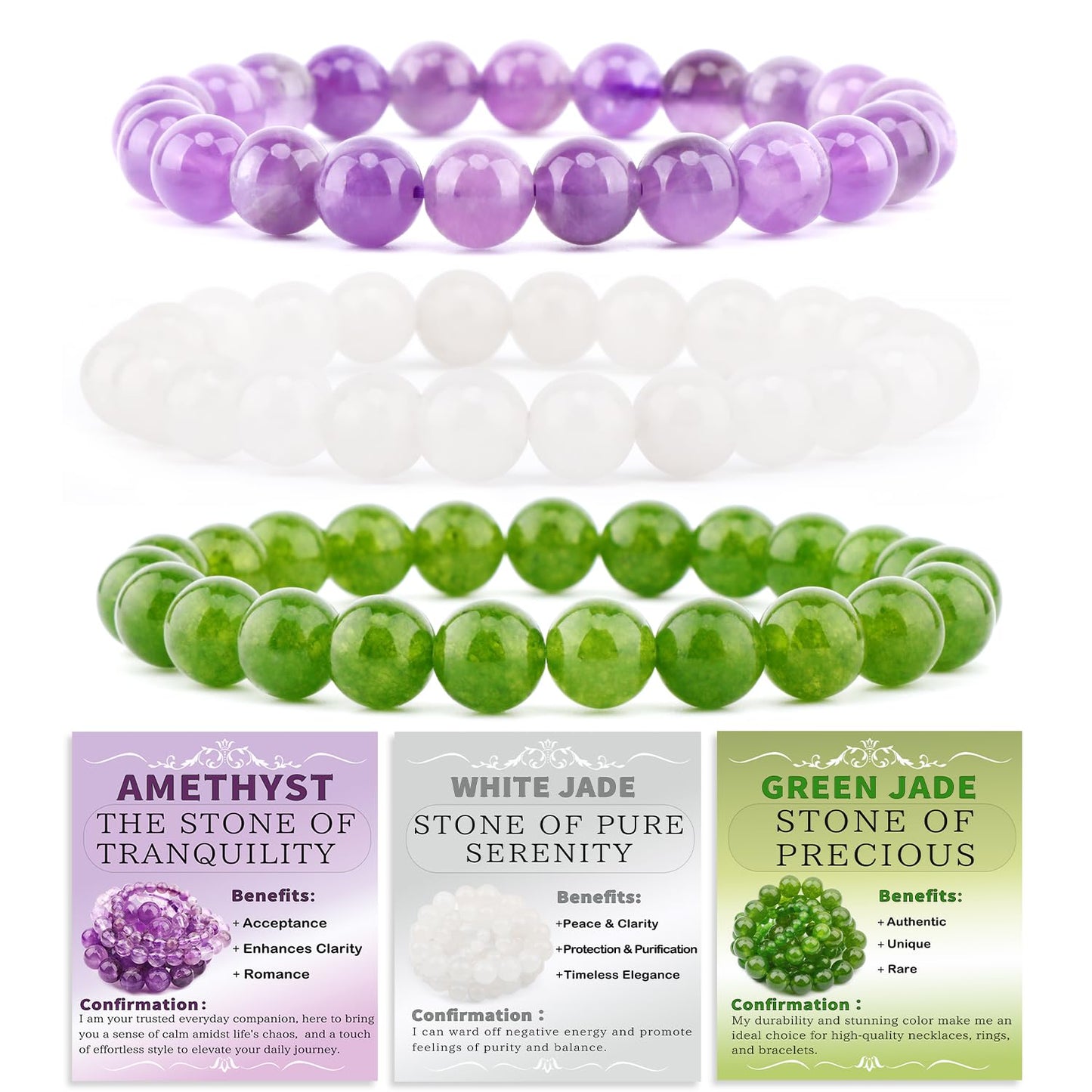 NCB 3-Piece 8mm Natural Crystal Gemstone Stretch Bracelets – ﻿Amethyst, Green Jade, White Jade Handmade Reiki Energy Healing Jewelry for Meditation,Yoga, Unisex