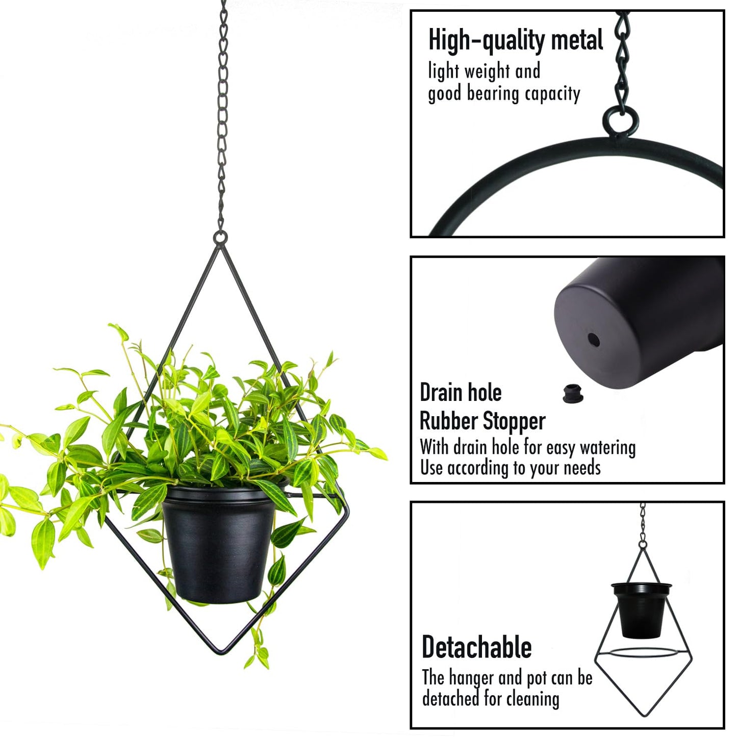 Metal Hanging Planters, Modern Plant Hanger with 5 inch Pot, Set of 4 Black Plant Holder, Small Wall and Ceiling Planter for Indoor Plants, Home Décor