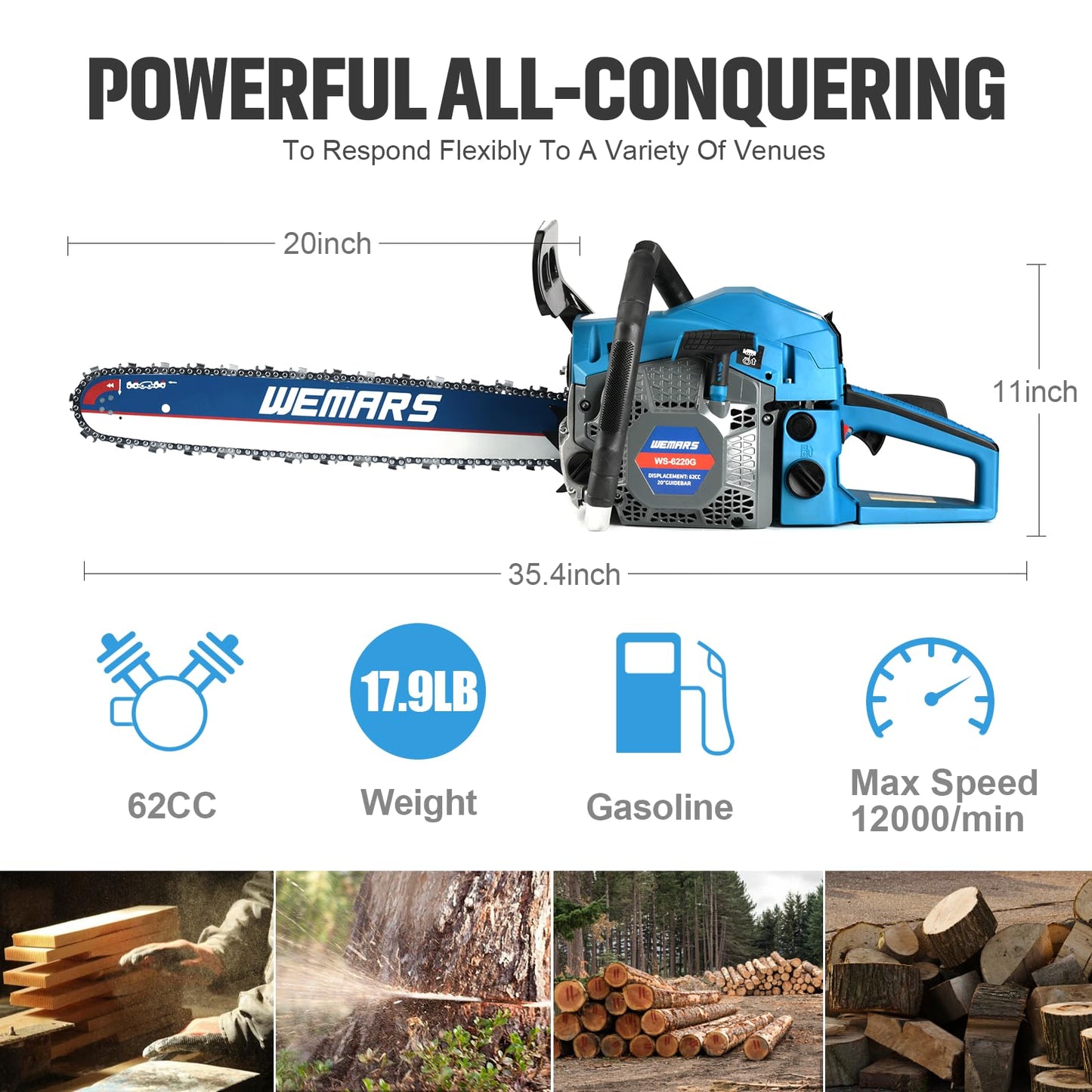 2-cycle 62CC Chainsaw Saw Gas Powered 20" Chain Saws Cordless Petrol Saw Handheld Chainsaw for Cutting Wood Trees Branches(6220C)