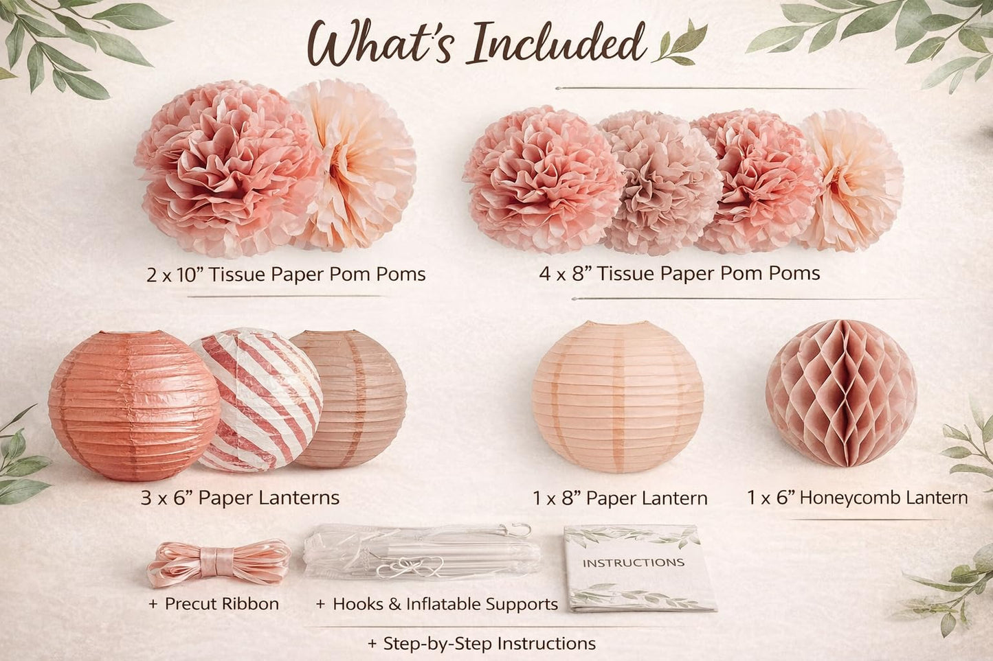 Decorative Paper Pom Poms and Lanterns Set, Rose Pink and White, Party Hanging Decor for Celebrations and Events