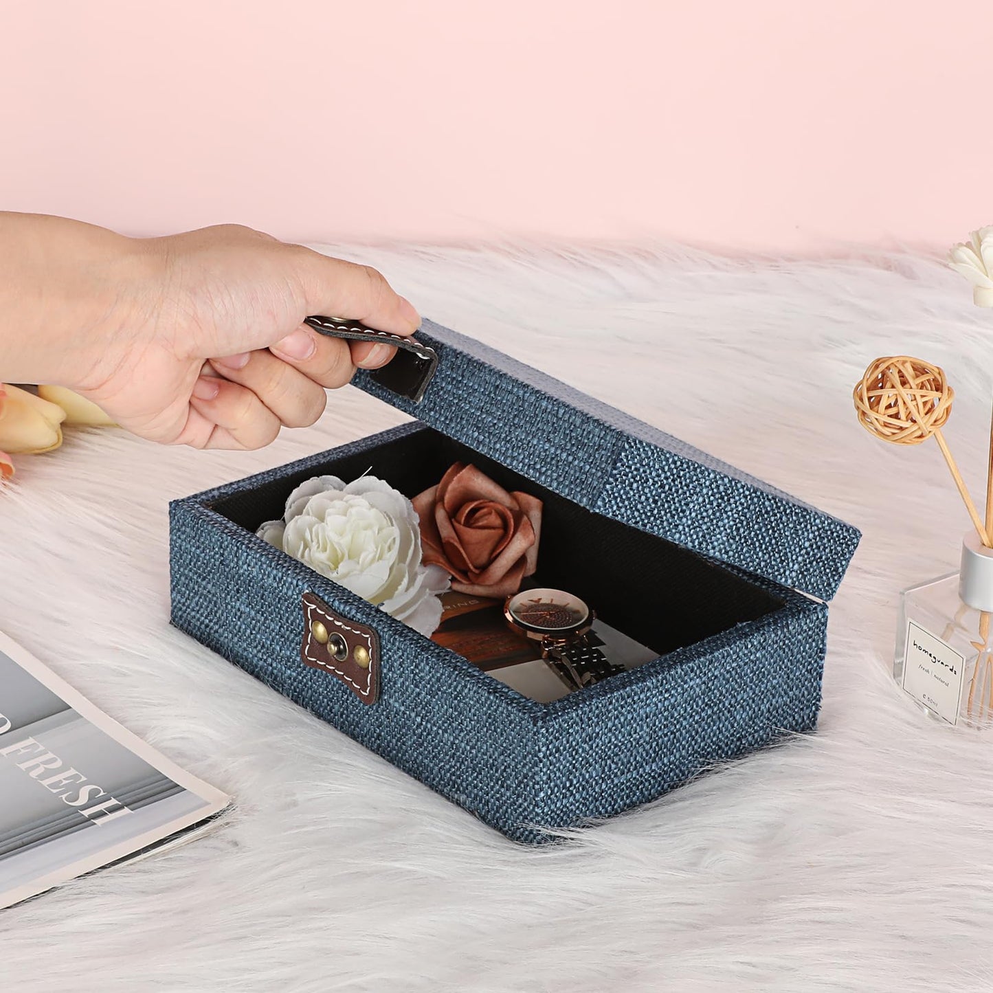 Hipiwe Treasure Chest Jewelry Box - Wooden Decorative Box with Clasp Linen Covered Memento Case Box Rectangular Keepsake Box Photos Storage Organizer Home Decor,Blue