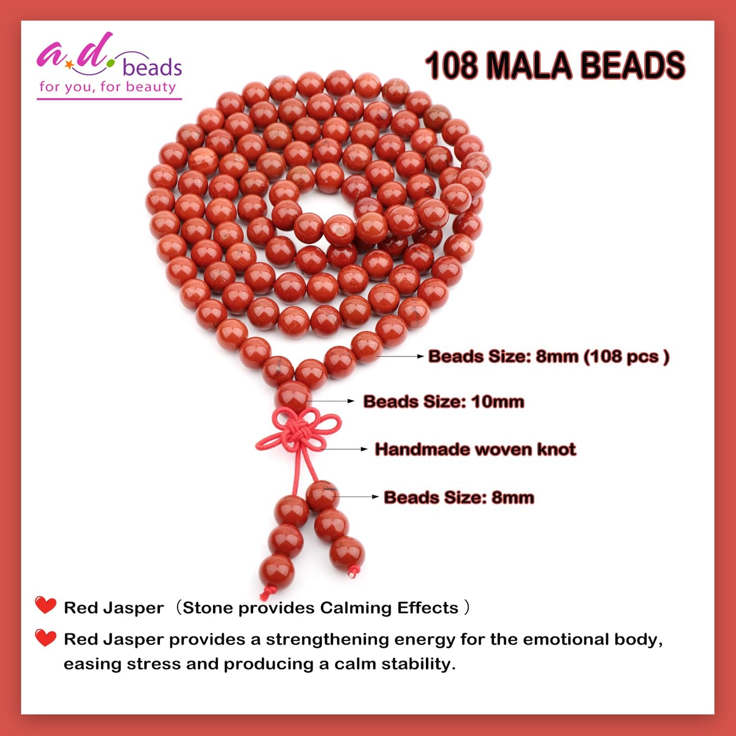 AD Beads 8mm 108 Prayer Mala Red Jasper Elastic Bracelet - Stone Provides Calming Effects - Handmade Yoga Meditation Healing Power Energy Gifts for Unisex Adult.