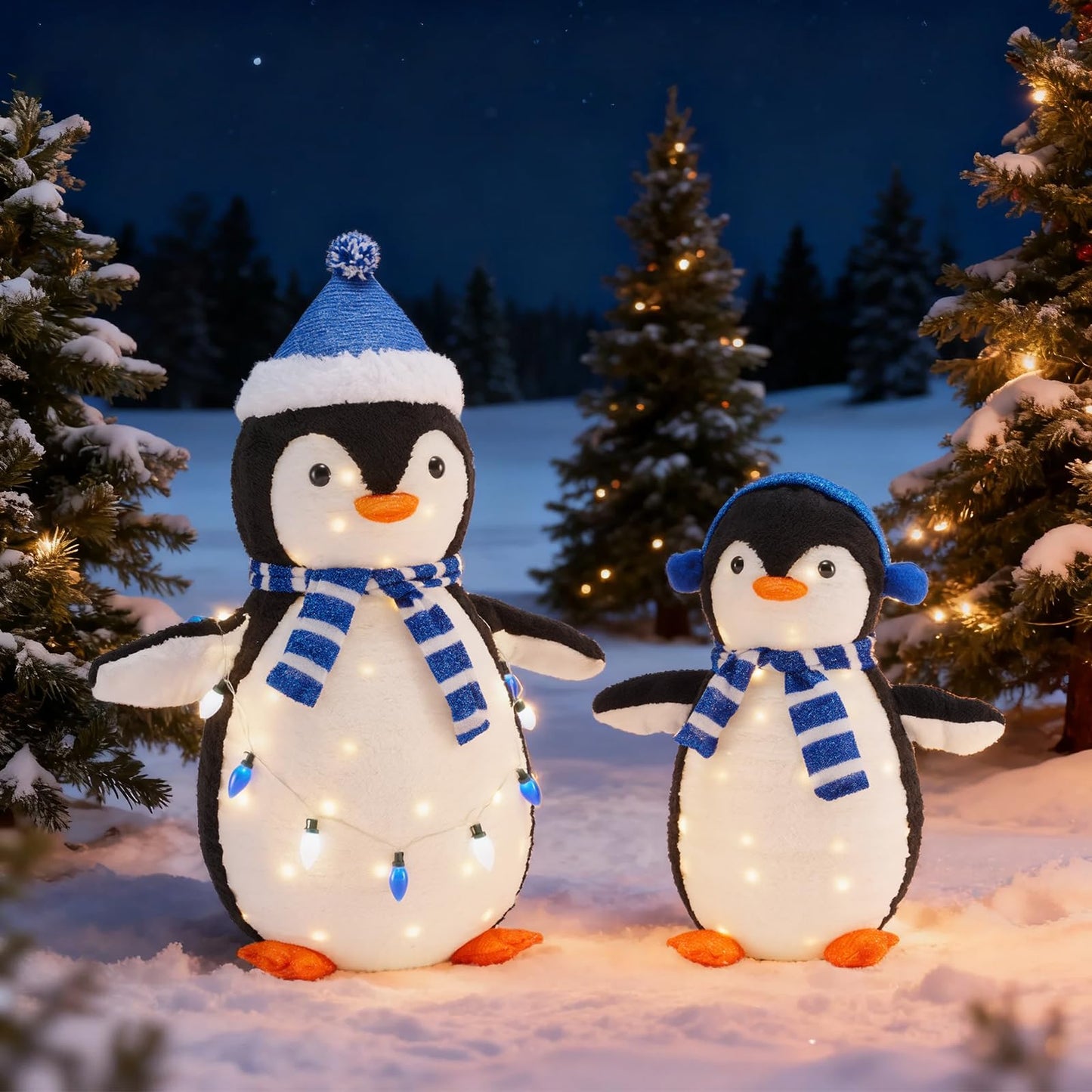 DUMOS 2-Piece Lighted Penguin Family Outdoor Christmas Decoration, Pop up Holiday Decor with 150 LED Lights for Yard, Garden, Storefront, White&Blue