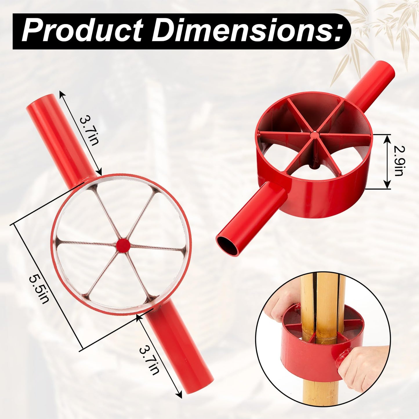 Lanties Bamboo Splitter 5.5 Inch Bamboo Split Steel Manual Dividing Splitting Tool with Both Side Handle Blade for Farm Backyard Workplace, Easy to Use, Red(6 Cut)