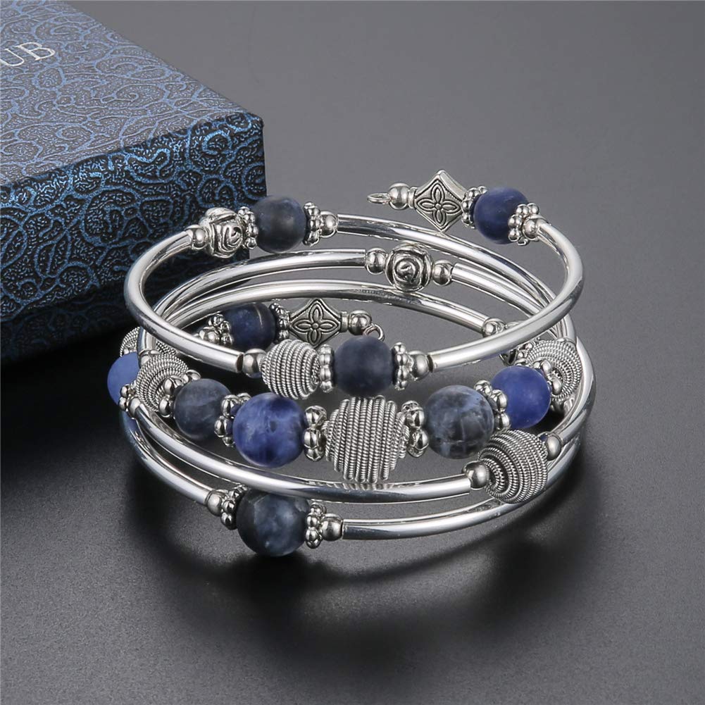 PEARL&CLUB Beaded Chakra Bangle Turquoise Bracelet - Fashion Jewelry Wrap Bracelet with Thick Silver Metal and Mala Beads, Birthday Gifts For Women(Navy Blue)