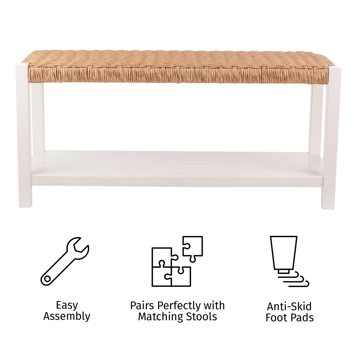 Alaterre Furniture Bench with Handcrafted Woven Rope Seat - Newport Collection 40-Inch Wood Bench with Storage Shelf for Entryway or Hallway - Indoor Furniture (White)