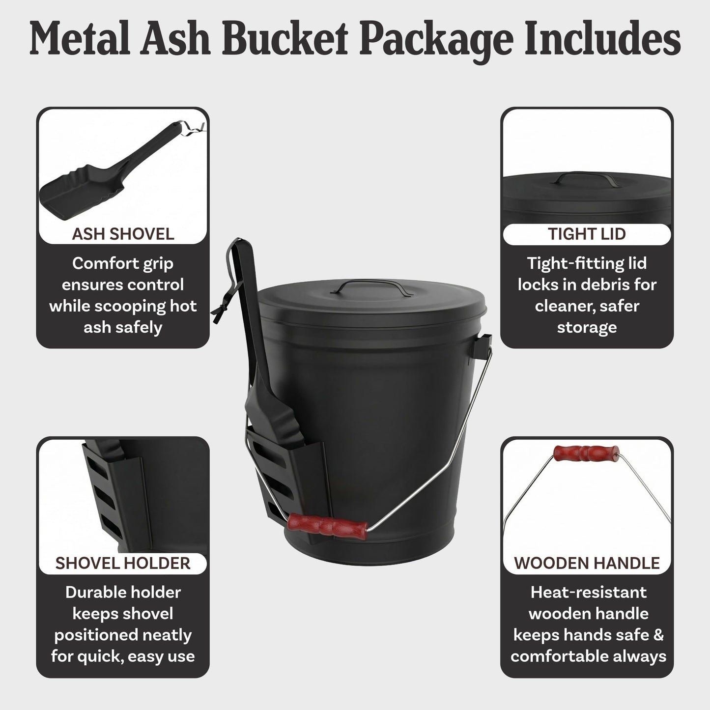 Home-Complete 4.75 Gallon Black Ash Bucket with Lid and Shovel-Essential Tools for Fireplaces, Fire Pits, Wood Burning Stoves-Hearth Accessories