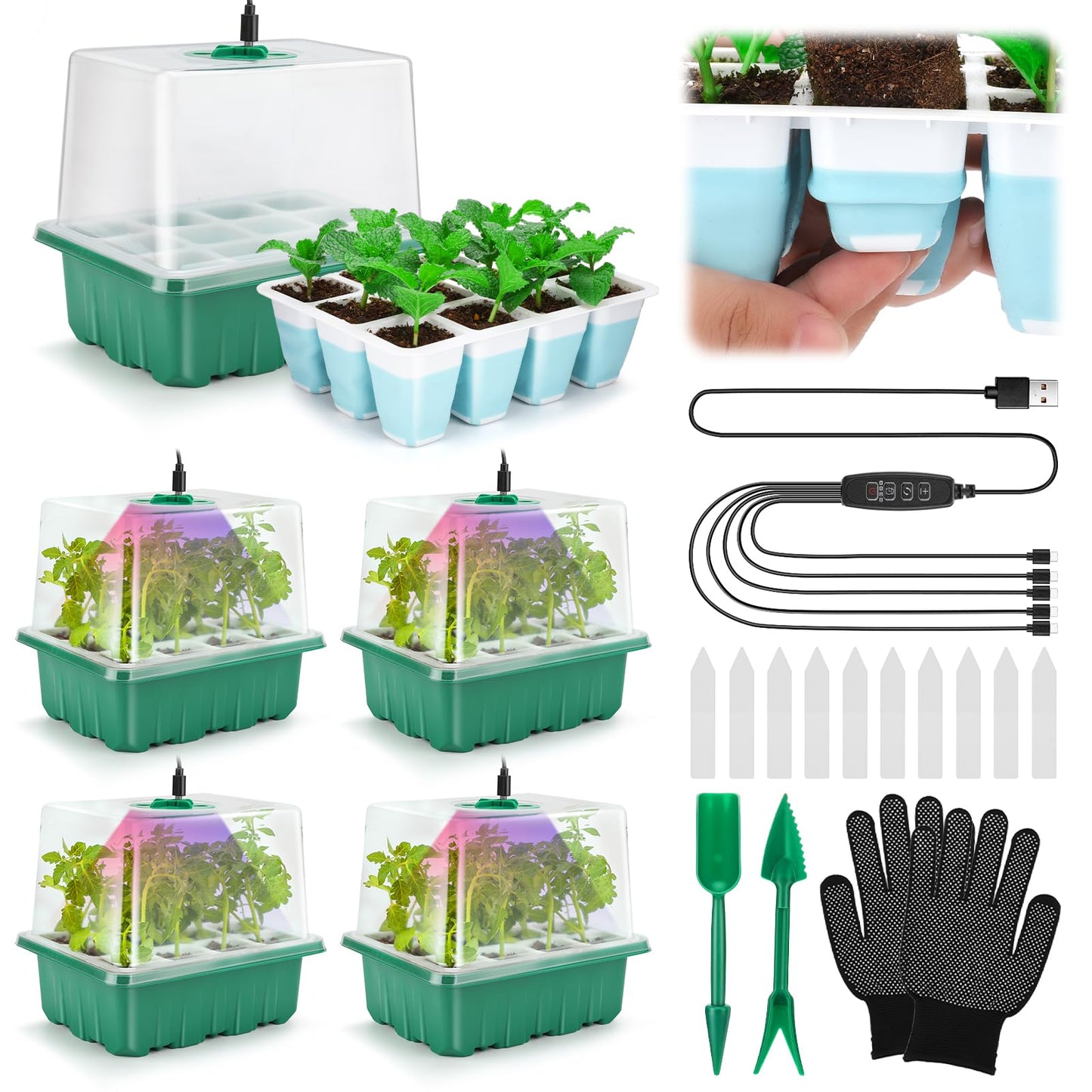 Seed Starter Tray with Grow Light, 60 Flexible Cells 5 PCS Seed Starter Kit, Reusable Seedling Starter Trays with Humidity Dome and High Lid, Germination Trays for Indoor Greenhouse Seed Starter