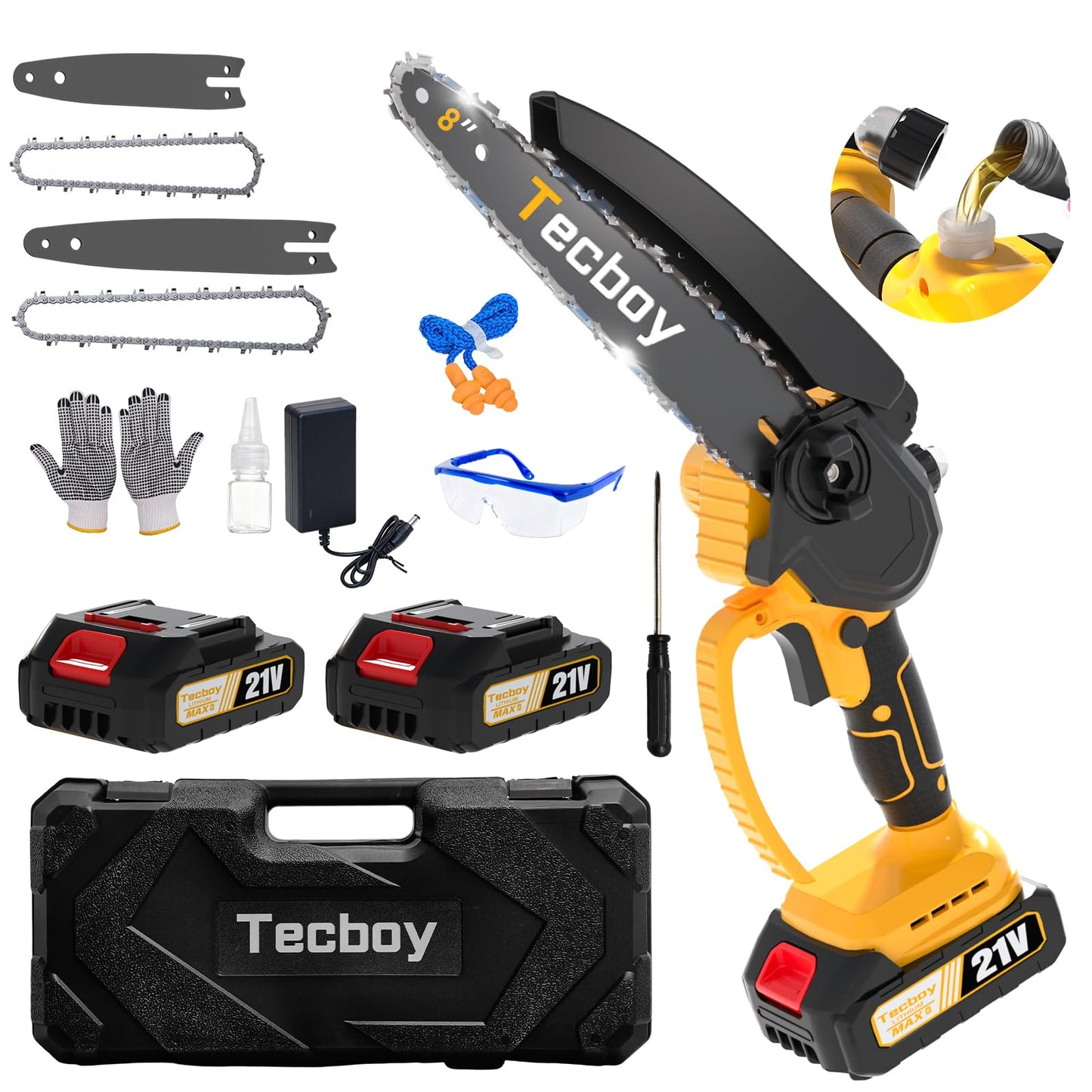8 Inch Mini Electric Chainsaw Cordless, 6 Inch Portable Chain Saw for Makita 18V Battery Powered Saws Small HandHeld Saw with 2 Batteries Yard Tool Tree Trimming Wood Cutting Gifts Men Dad(GoldYellow)