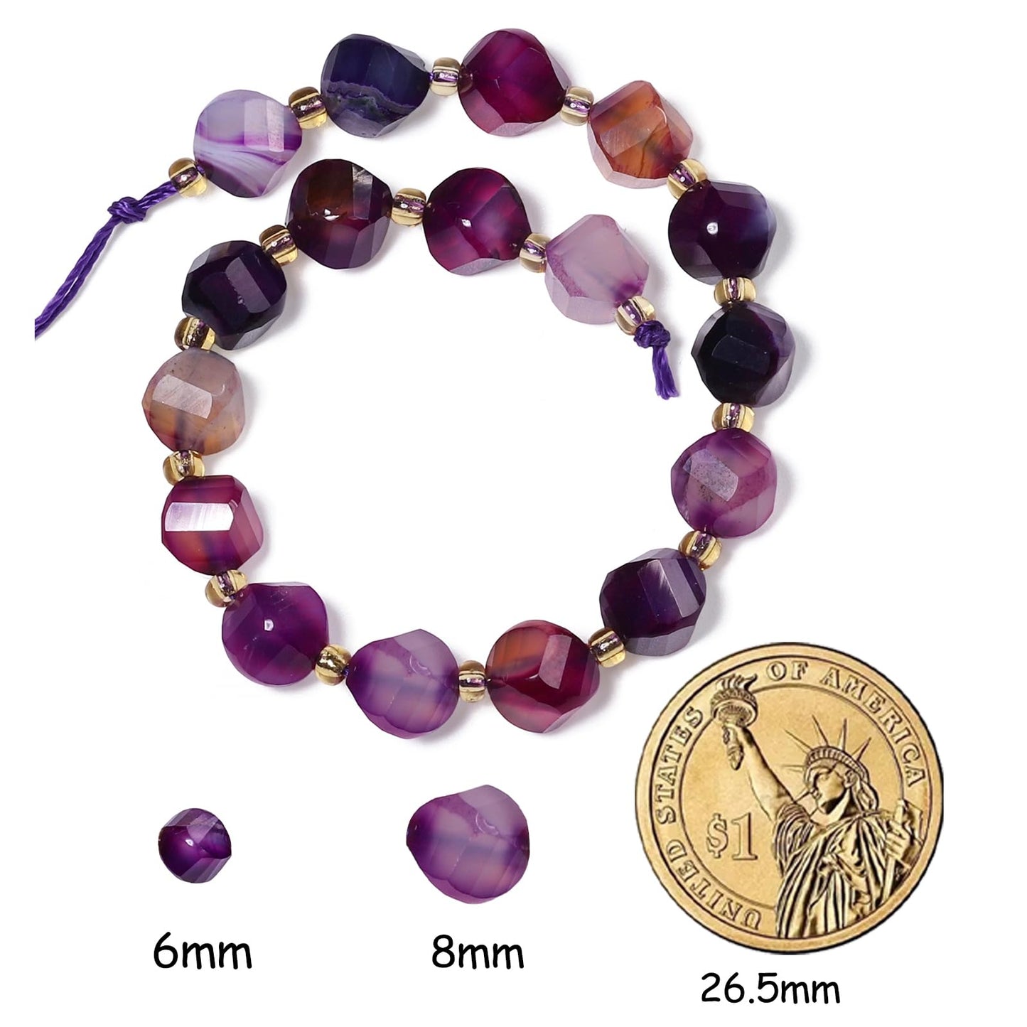 Yochus 42pcs Natural Purple Striped Agate Stone Beads for Bracelet，2strands 6mm Facted Twist Loose Gemstone Beads for Jewelry Making DIY Craft Necklace Earring