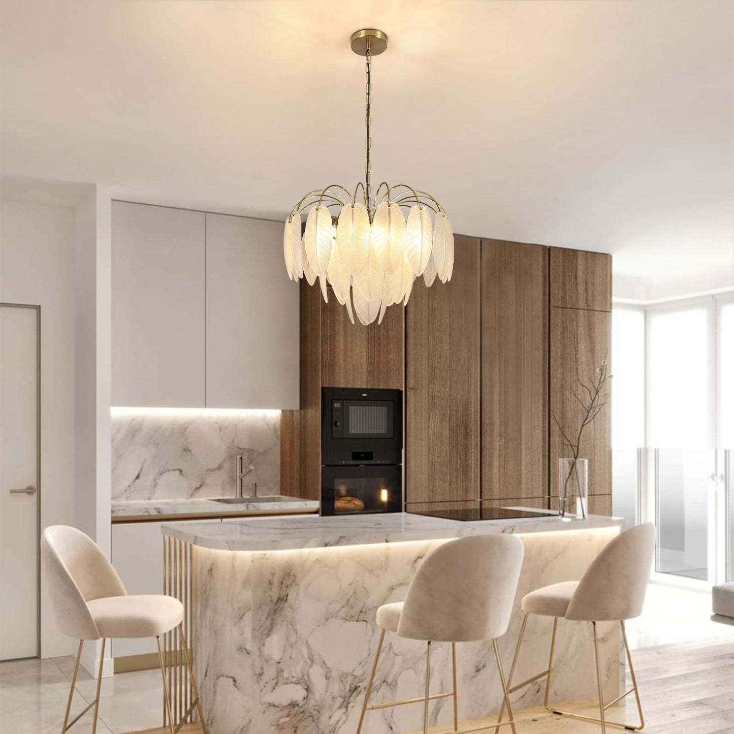 KELUOLY Modern Gold Chandelier, 19.29" Creativity Feather Glass Pendant Ceiling Light Fixtures 6-Light Round Chandelier Luxury 3 Tiers Hanging Chandelier for Dining Room Foyer Living Room Bedroom