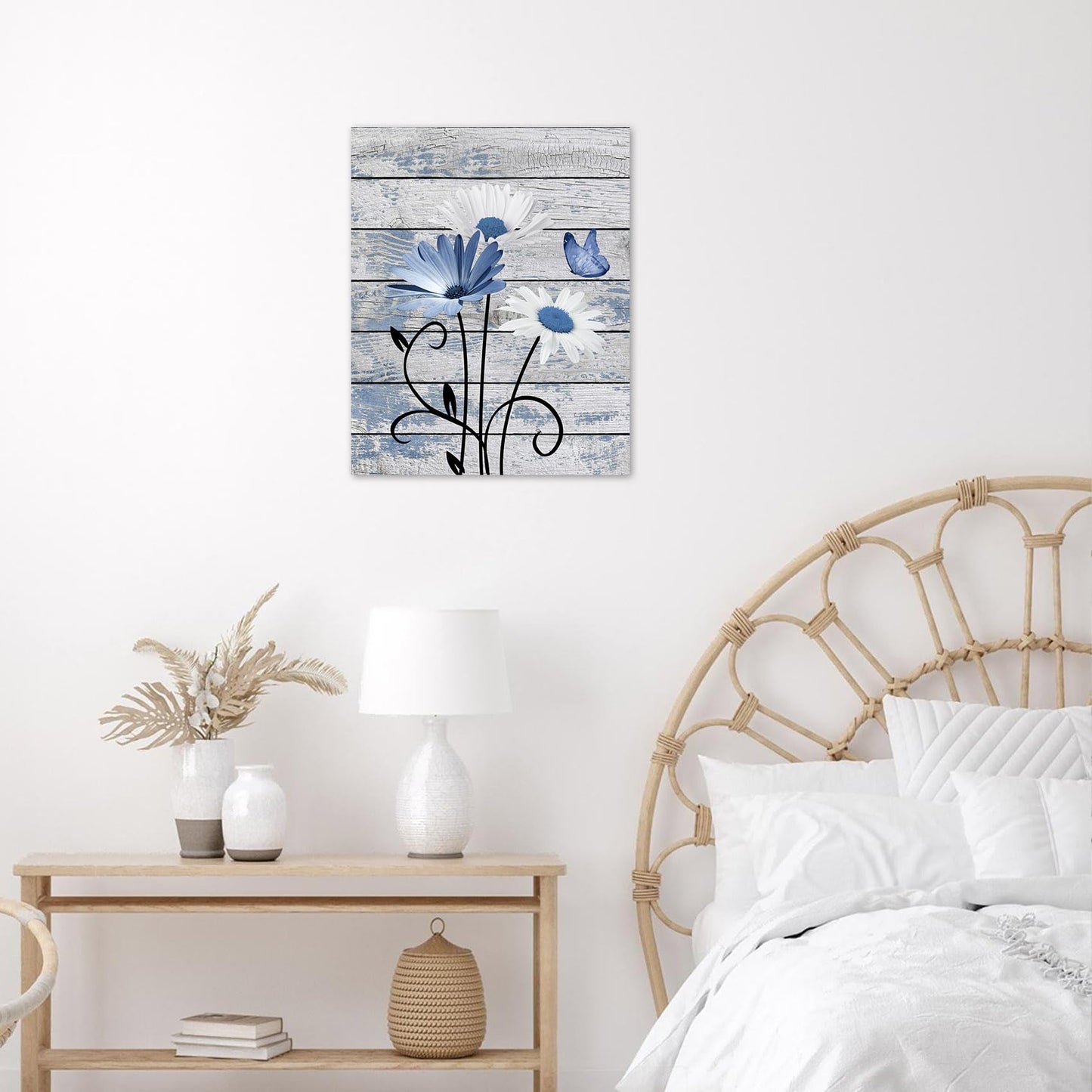 HVEST Farmhouse Floral Wall Art for Living Room, Blue and White Daisy Flower and Butterfly on Rustic Wood Board Canvas Wall Art Framed Artwork Ready to Hang for Bathroom Bedroom Decor, 16L X 12W