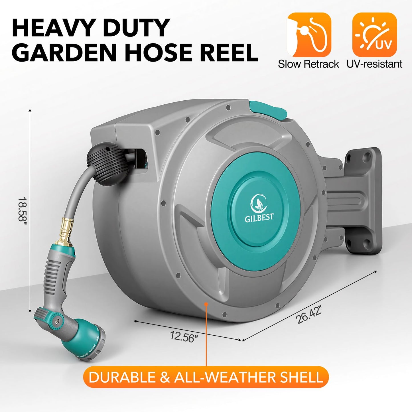 GILBEST 5/8" x 100 ft Retractable Garden Hose Reel, Heavy Duty Water Hose Reel Wall Mounted, Any Length Lock, 180°Swivel, Retractable Hose with 10-Function Nozzle for Cleaning, Watering (Green)