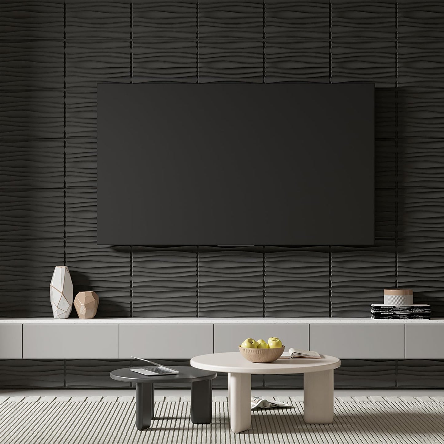 Art3d 24-Pack 3D Wall Panels for Interior Home Décor, PVC Wavy Textured Accent Wall Paneling for Living Room Bedroom TV Backdrop Office, 15.7 x 11.8 Inch - Black