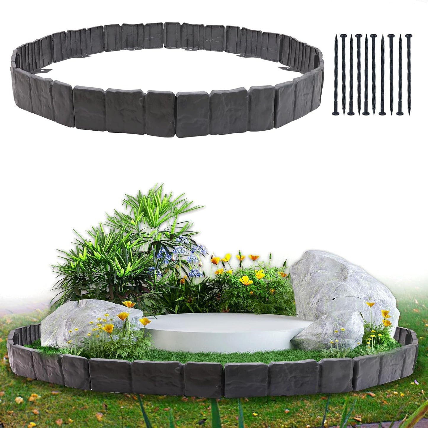 Garden Edging Border, 16FT Landscape Edging Borders for Flower Beds, Imitation Stone Effect Garden Lawn Border Faux Stone Landscape Edging and Plastic No Dig (20Pcs, Black)