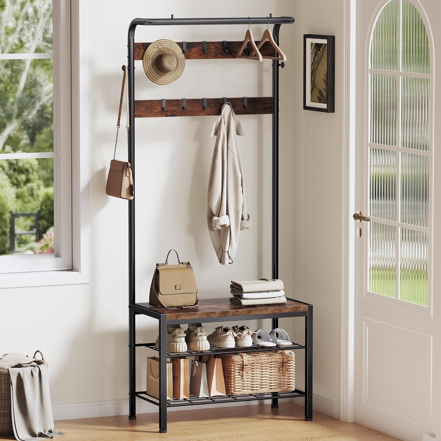 KMFurnila Hall Tree with Bench and Shoe Storage, 4-in-1 Entryway Organizer with 10 Hooks and Storage Shelf,Coat Rack Freestanding with 2-Tier Storage Shelf for Living Room, Bedroom Rustic