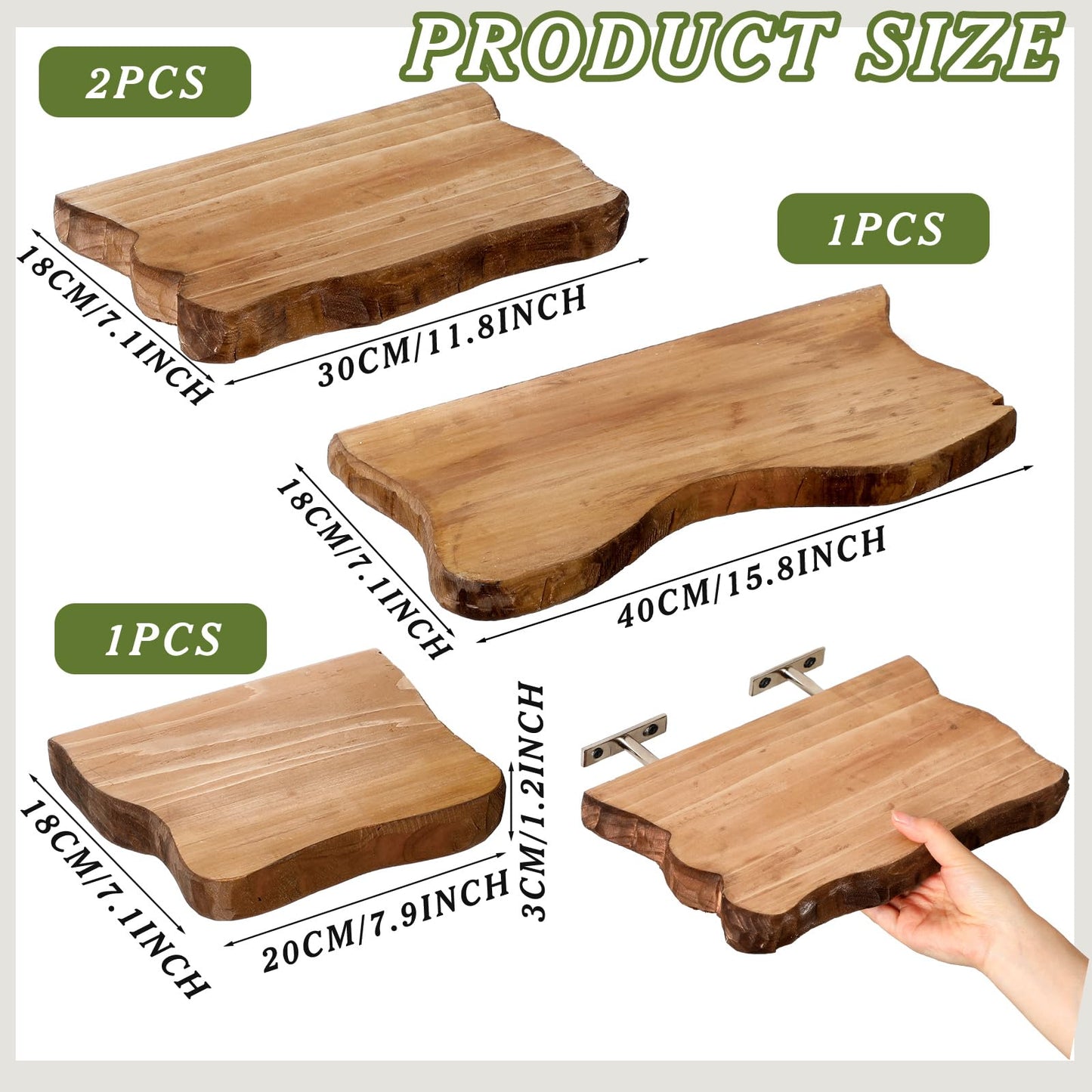 Pinkunn 4 Pcs Floating Shelves for Wall Wooden Live Edge Shelf Wall-Mounted Natural Solid Wood Bedroom Kitchen Storage Living Room Nursery Decor (15.8/11.8/7.9 Inch)