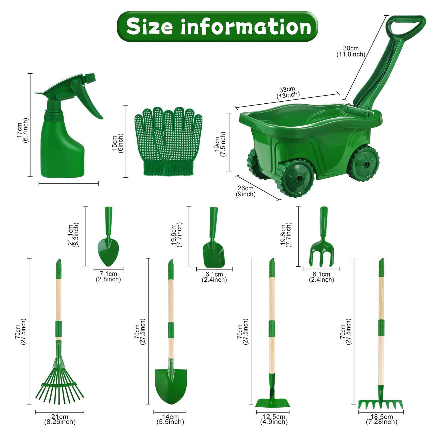 Duckura Kids Gardening Tools Set - 10pcs Wheelbarrow Set for Kids with Shovel, Rake, Leaf Rake, Summer Outdoor Yard Digging Weed Toys, Easter Birthday Gifts for Boys Girls Age 2 3+ Years(Green)