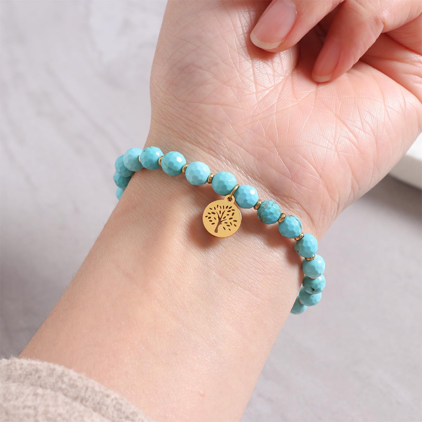 TaYolnFaSo Natural Turquoise Stretch Bracelet Stainless Steel Handmade Tree of Life Charm Turquoise Beaded Jewelry Gift for Women Men