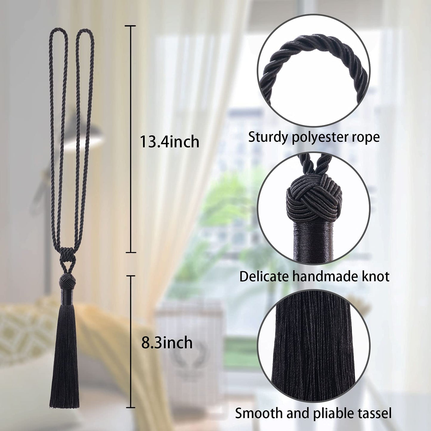 NICEEC 2 Pack Long Tassel Curtain Tiebacks Handmade Braided Rope Knot Drape Tie Backs European Style Decorative Curtain Holdbacks for Home & Office Window Drapery (Black)