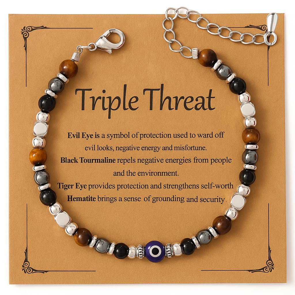 MTJAHPS Protection Bracelet, empath protection, black obsidian Crystals and Healing Stones Bracelet for Women ，Luck ，Anxiety and Stress Clam Bracelet (Evil Eye Triple Threat Protection)