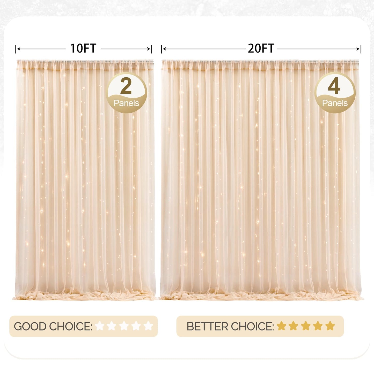 10x10ft Champagne Tulle Backdrop Curtain with Lights String for Parites, Sheer Photo Backdrop Curtains for Wedding Ceremony Bridal Shower Baby Shower Birthday Party Photo Shoot Background Decorations