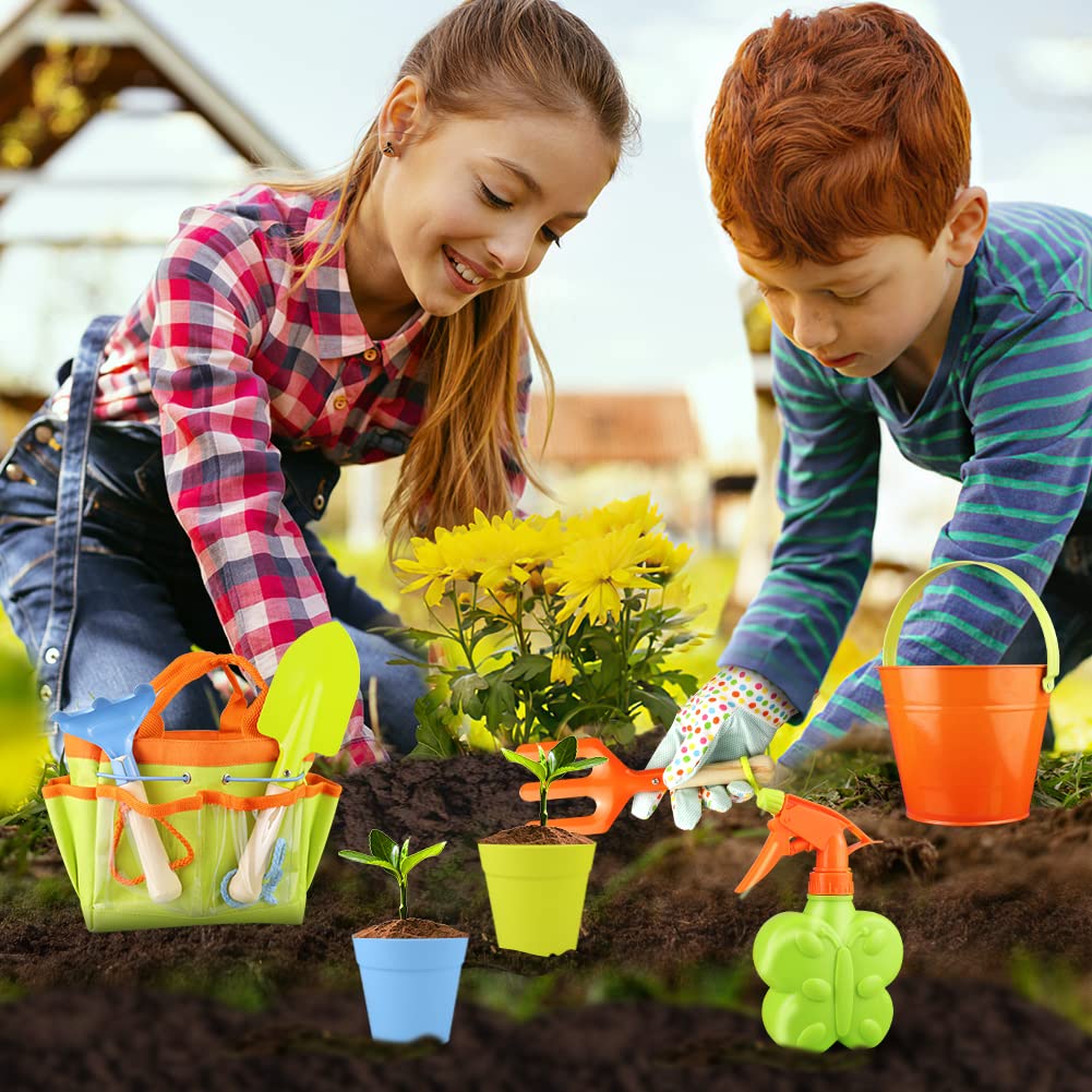 Kids Gardening Tools Kit Children Garden Toy Includes Tote Bag, Spade, Watering Bucket, Spray Bottle, Flower Pot, Apron, Rake, Plant Marker, Fork, Rake and Gloves