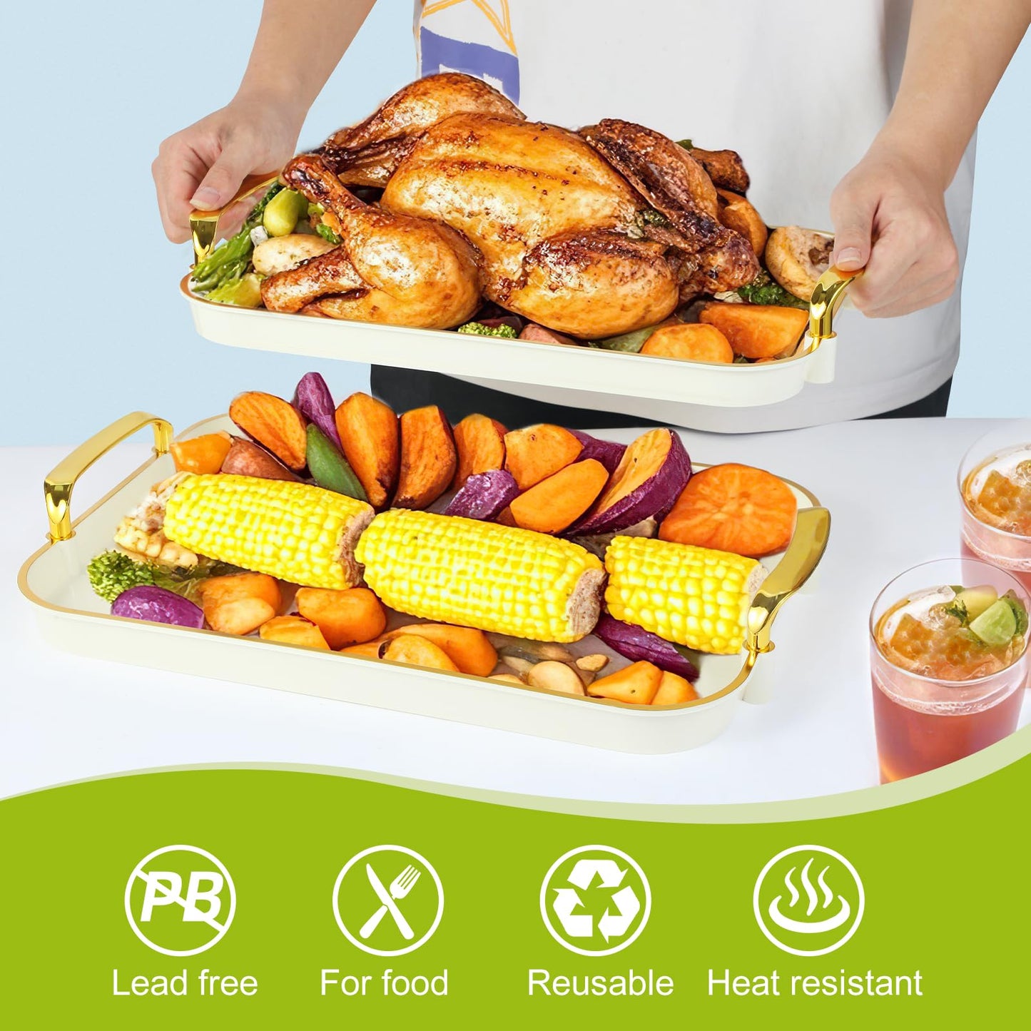 Zufudo 3 Pack Serving Tray with Handles, Stackable Reusable Trays for Serving Food, Plastic Serving Platters for Party, Charcuterie, Fruit, Appetizer, Cream Gold