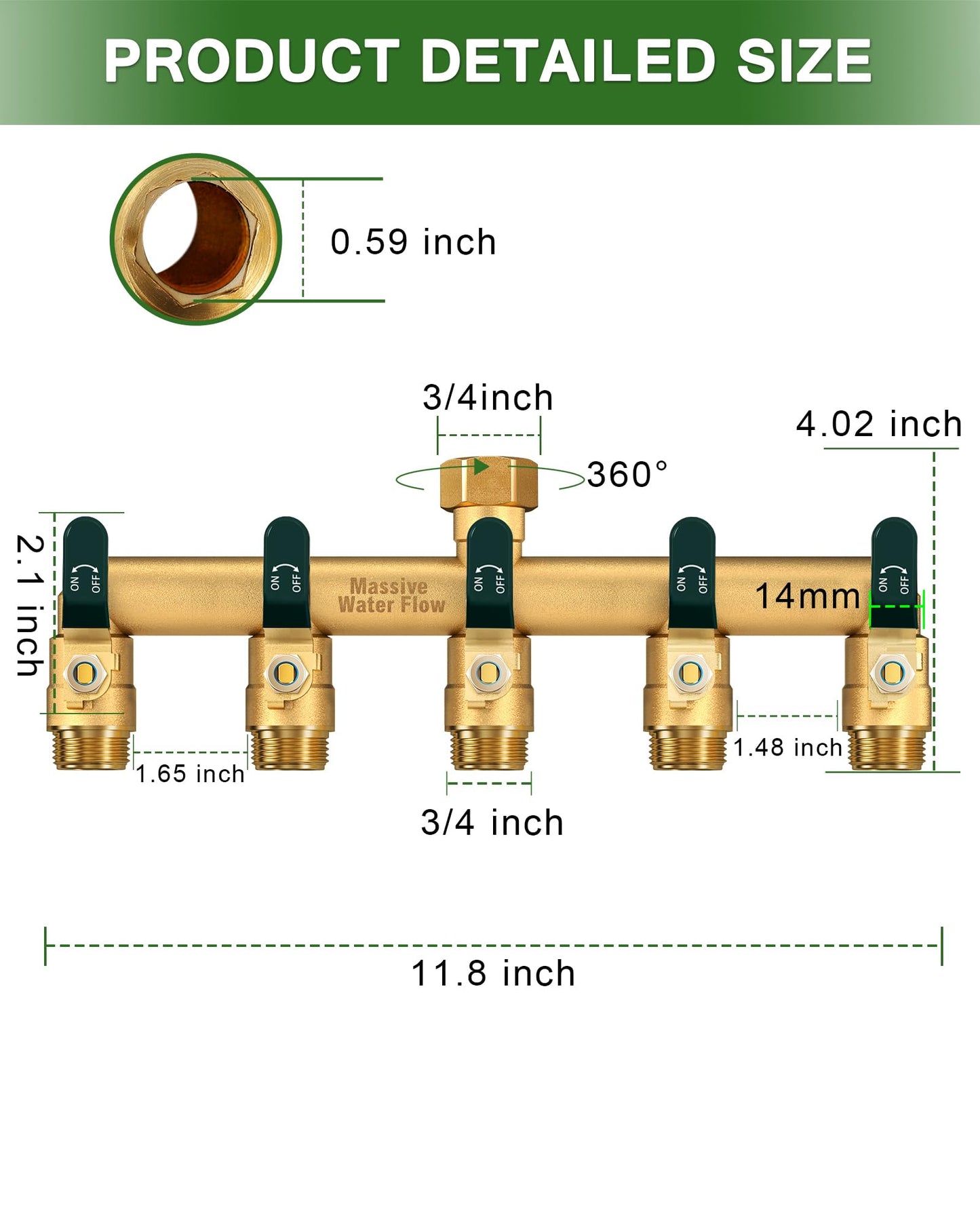 5 Way Hose Splitter, Heavy Duty Full Flow Garden Hose Splitter with 5 Large Metal Handles, Brass Water Hose Bib Splitter, T Adapter Connector with 3/4 - Inch GHT Thread (Green)