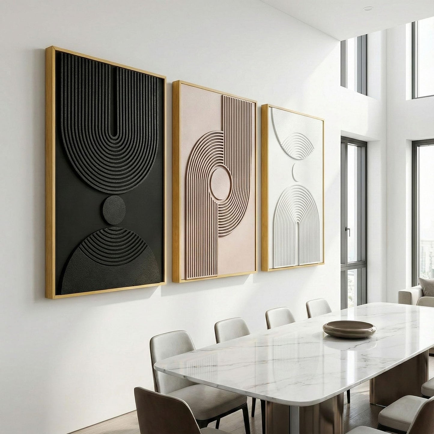 Framed 3D Textured Boho Neutral Abstract Wall Art for Living Room, 3 Piece Mid Century Modern Artwork for Walls, Creamy White Brown Relief Sculptures for Bedroom Hallway Wall Decor 20x30 In