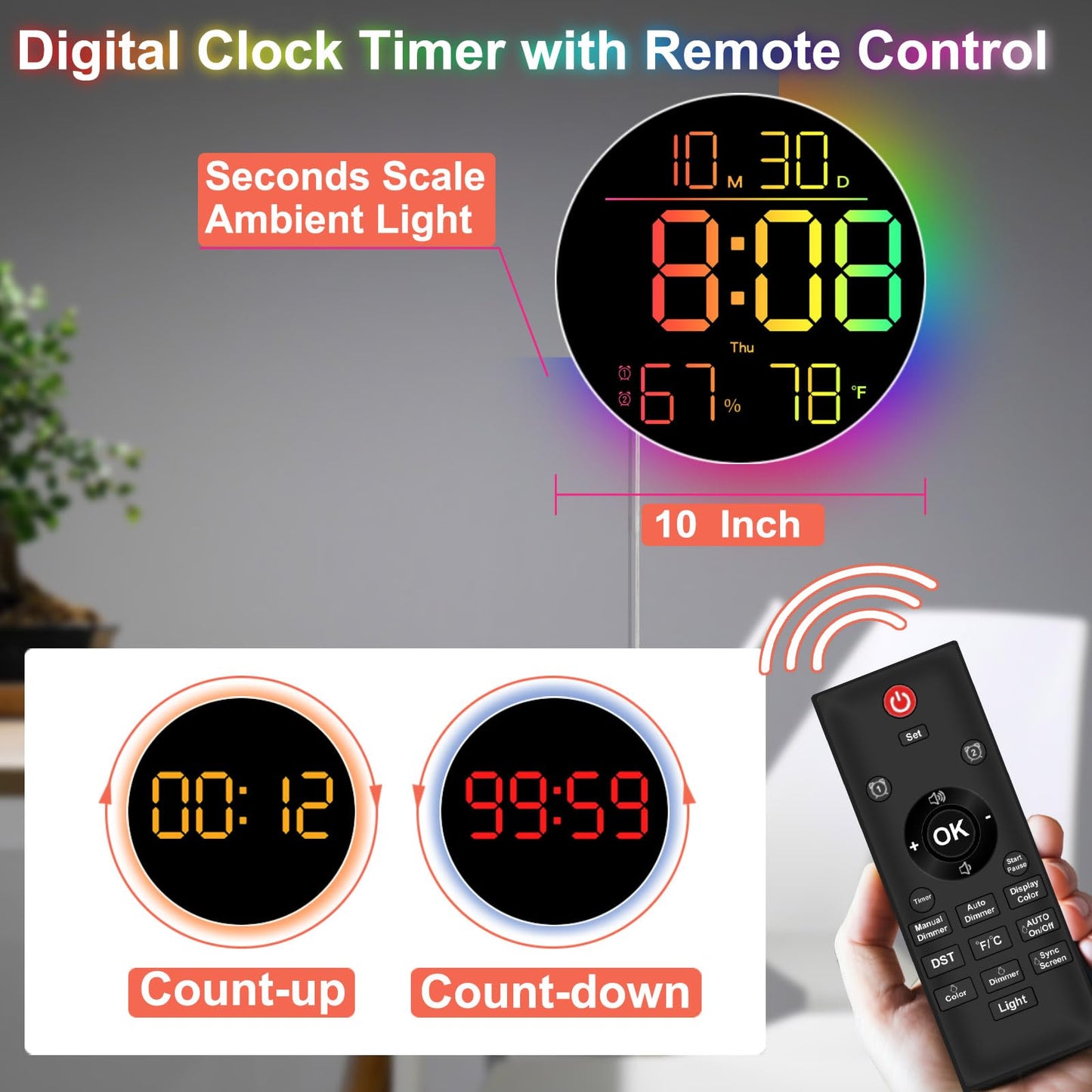 QINFIEY 10 Inch LED Wall Clock with RGB Ambient Light, Auto-Dimming, RGB Color/Time/Date/Temp/Humidity Display, Dual Alarms & Timer, Adjustment Brightness,Digital Round Clock for Bedroom Classroom