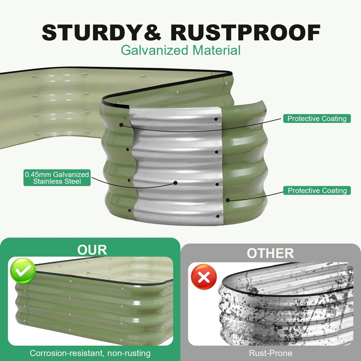 1MORE Raised Garden Bed -5X3X1 Galvanized Planter Box for Outdoor Gardening,4 in 1 Modular Raised Bed Kit with Protective Tape, Gloves for Herb,Ideal for Vegetables and Plants.Green-1Pack