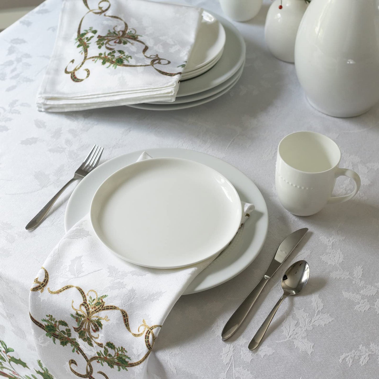 Benson Mills Heavyweight Engineered Printed Jacquard Fabric Christmas Table Cloth, for Holiday, Winter, and Christmas Tablecloth (Merry Ribbons, 60" x 104" Rectangular)