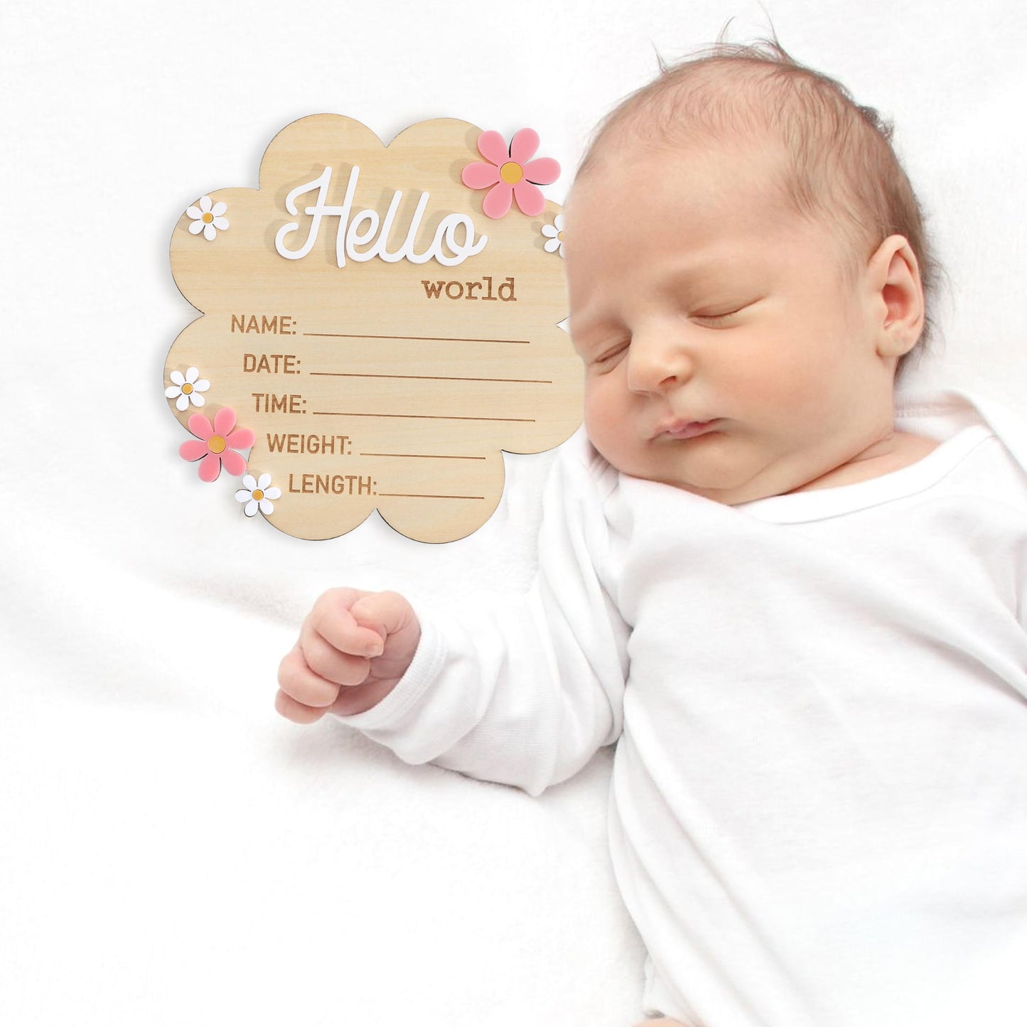 Hello World Newborn Sign - Wooden Baby Name Announcement Board, Daisy Design, Gender Neutral Nursery & Hospital Photo Props Keepsake Gift