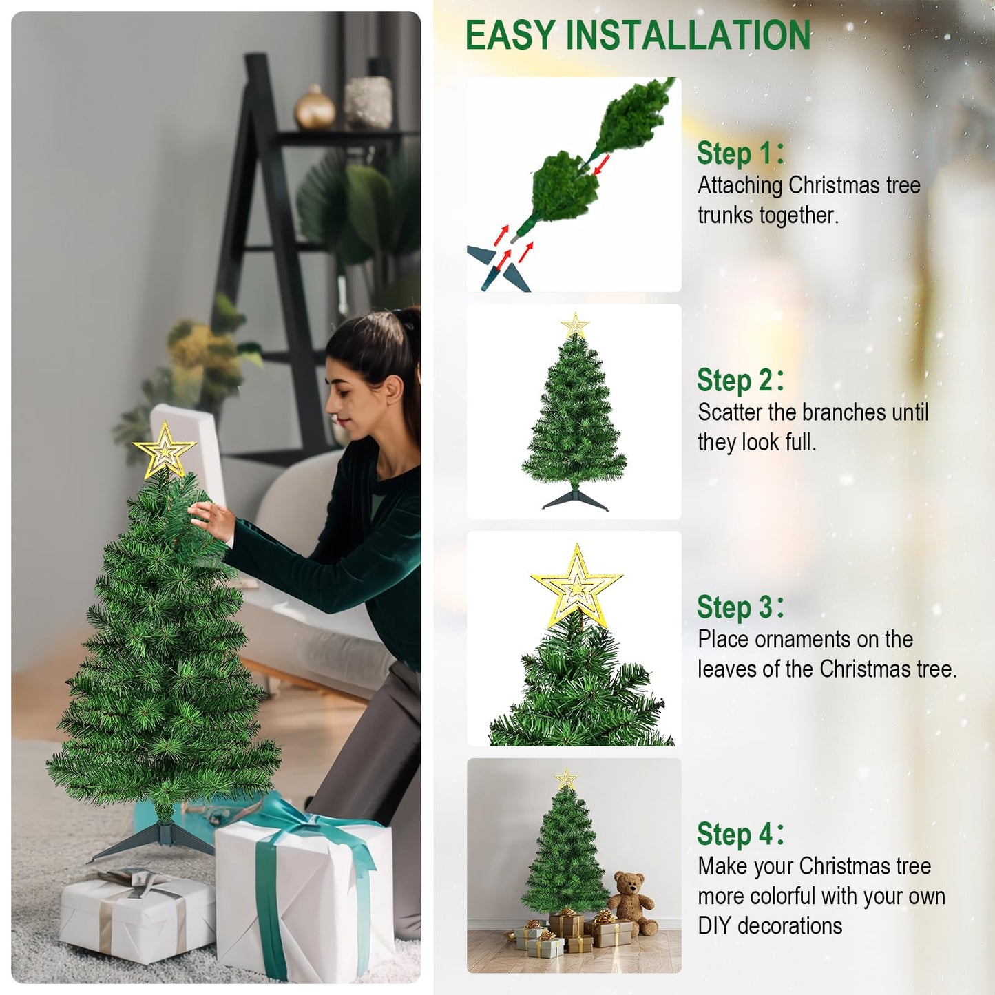 DUUDO 3FT Premium Hinged Artificial Holiday Small Mini Christmas Tree for Tabletop,Home, Office, Indoor and Outdoor Holiday Decoration,Easy Assembly Metal Hinges & Foldable Base