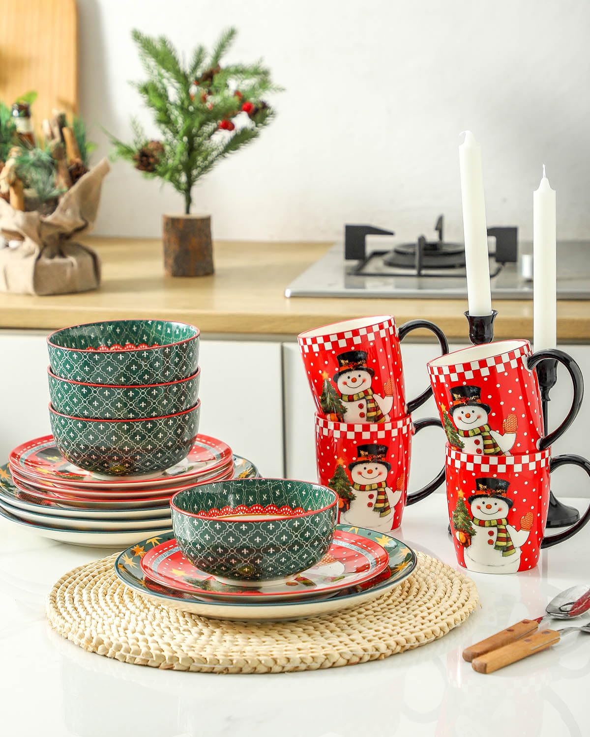 Hasense 16 Pcs Ceramic Dinnerware Sets, Holiday Coffee mugs Plates and Bowls Set for 4, Chip & Scratch Resistant Party Serving Dishes Microwave and Dishwasher Safe, Colorful
