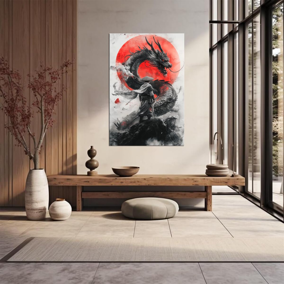 Samurai Black Dragon Canvas Wall Decor Red Sun Japanese Warrior Art Print Asian Dragon Poster for Living Room Bedroom Ready To Hang-18x24 inch
