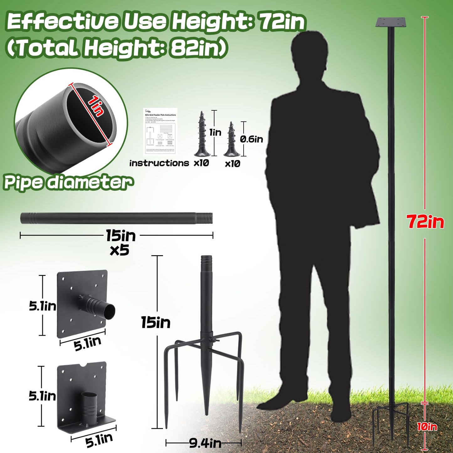 Bird Feeder Pole for Outdoors - 82in Tall Adjustable Heavy Duty Bird House Feeding Station with 5-Prong Anchor for Outside Garden Wild Bluebirds Watching