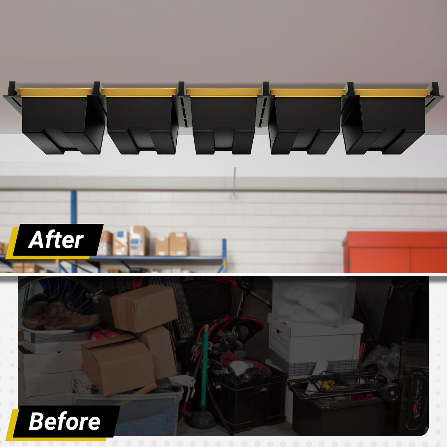 Eastrexon 5-bin Overhead Garage Storage Rack, Heavy Duty Ceiling Storage Racks, Powder Coated Tote Storage Rack for Garages, Sheds, Storerooms (6 PCS, for 5 Bins)