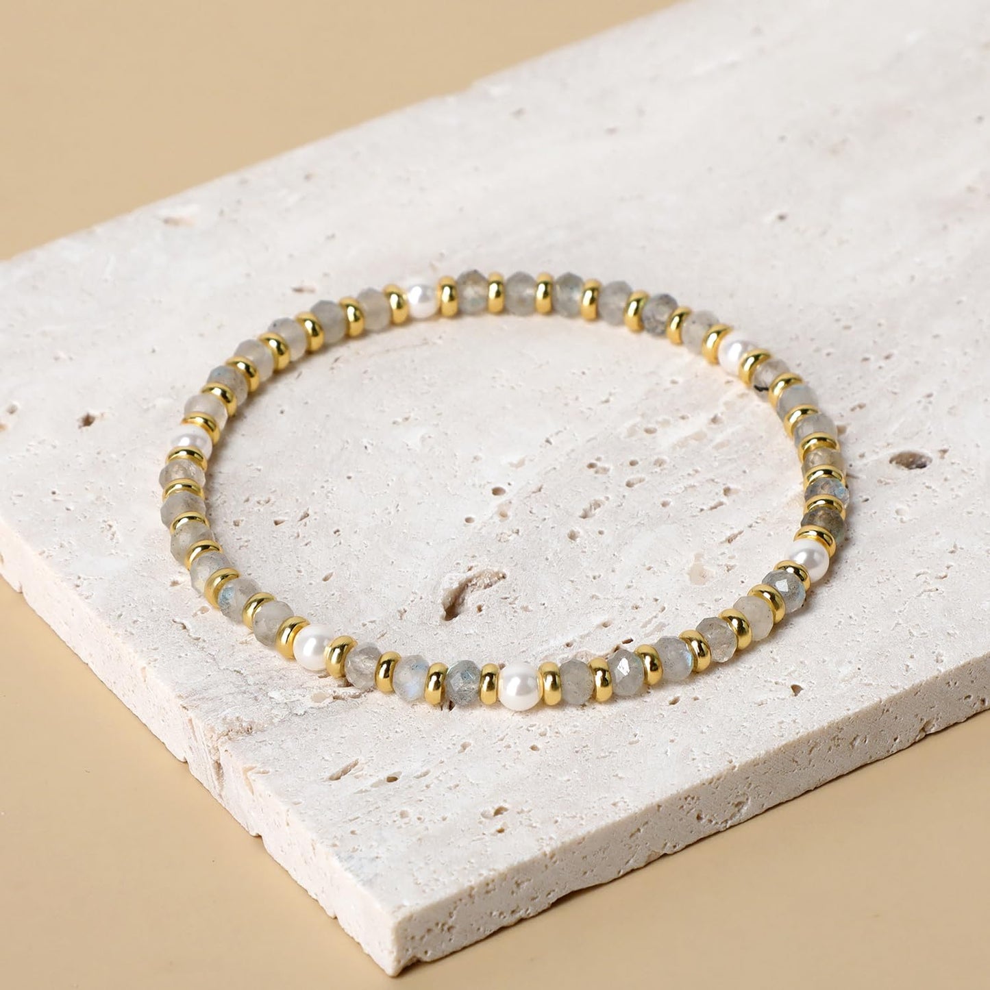 QOGIR Labradorite - Transformation - 14K Gold Plated Beads Natural Gemstone Stretch Elastic Dainty Healing Beaded Bracelets Gifts 2x4mm