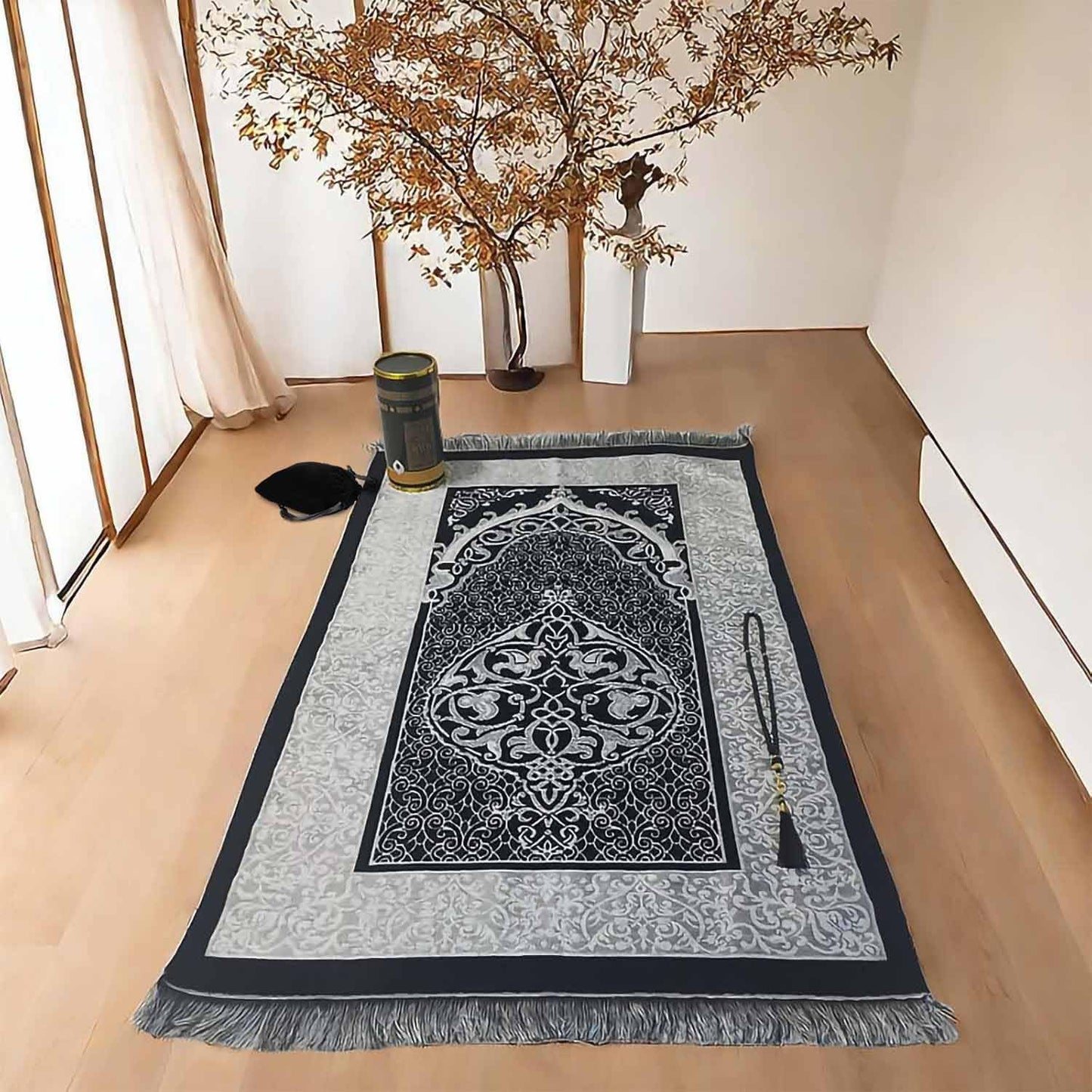 Muslim Prayer Rug and Prayer Beads with Gift Box, Soft Islamic Prayer Mat, Islamic Gifts Set, Prayer Carpet Mat, Sajadah/Janamaaz/Seccade (Black)