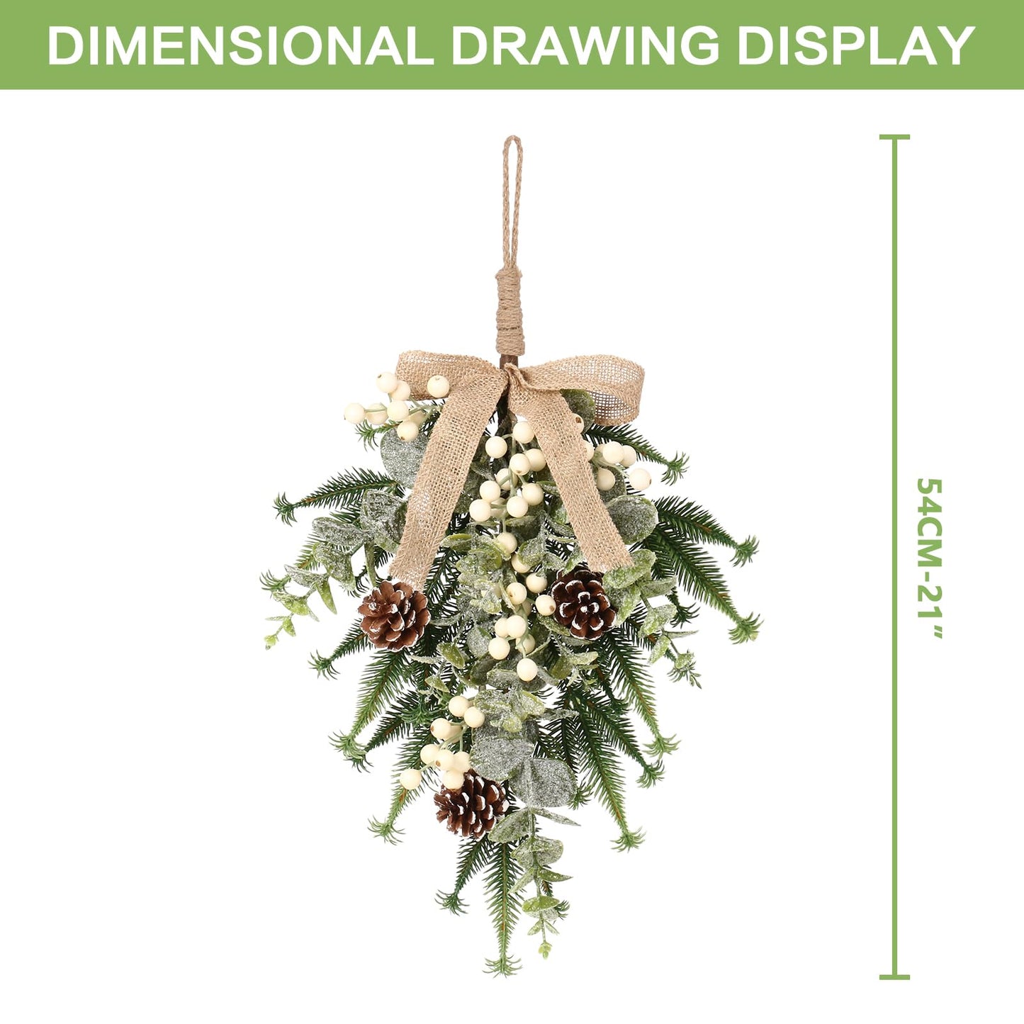 SY Super Bang 2PCS Christmas Decorations, 19Inch Artificial White Berry Front Door/Fireplace Hanging Decorations Include Linen Bow Green Plant, for Home Holiday Wall Party Xmas Decor.