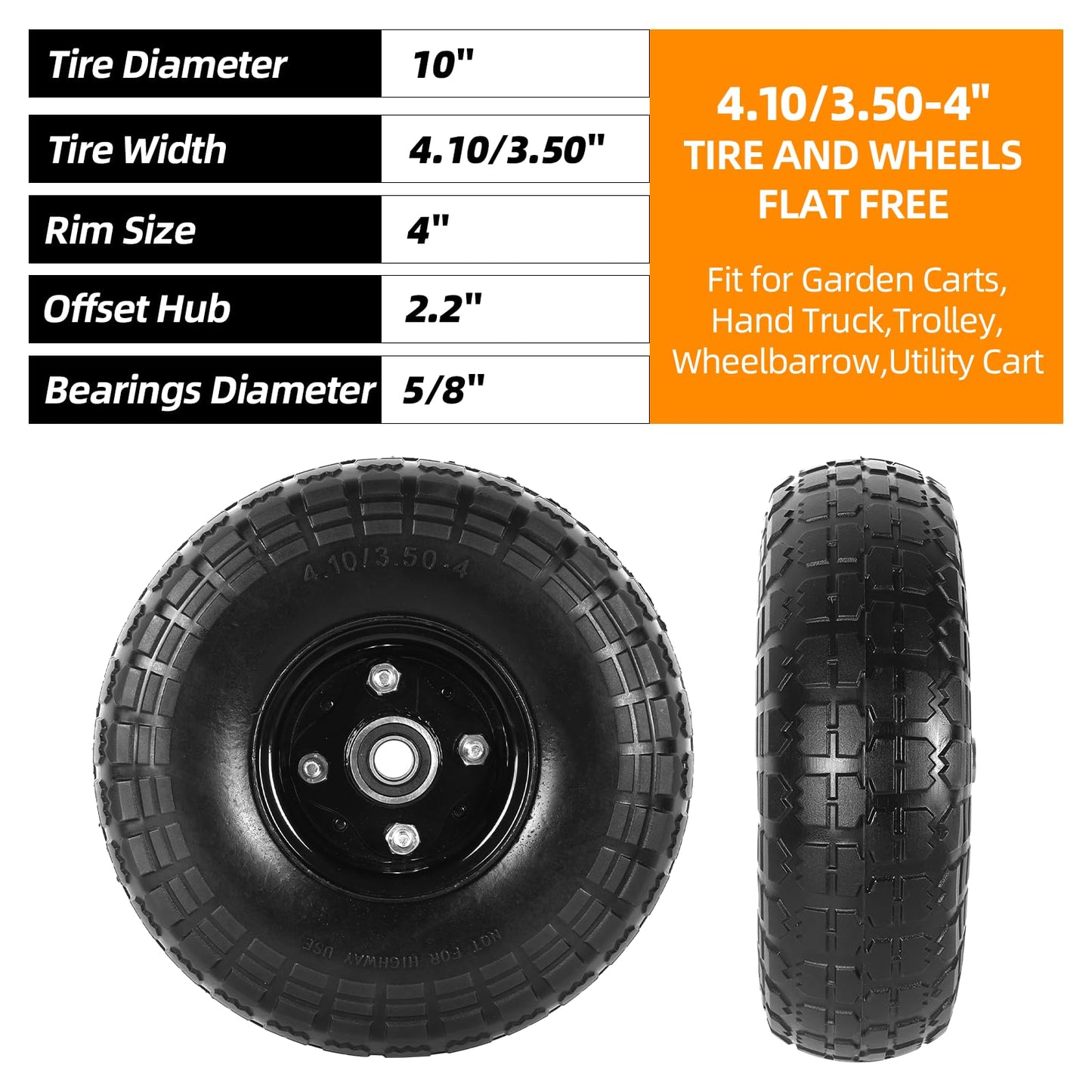 AR-PRO (2-Pack) 10-Inch Solid Tires Wheels, 4.10/3.50-4 Flat-Free Tire Replacement with 5/8" Bearings & 2.2" Offset Hub, Fits Hand Trucks, Wheelbarrows, Garden & Utility Carts